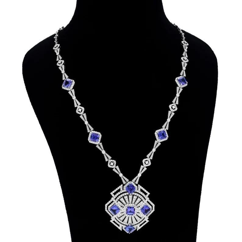 Mixed Cut 12.65 carat Tanzanite 6.62 carat Diamond 18K Gold Art Deco Style Necklace For Sale