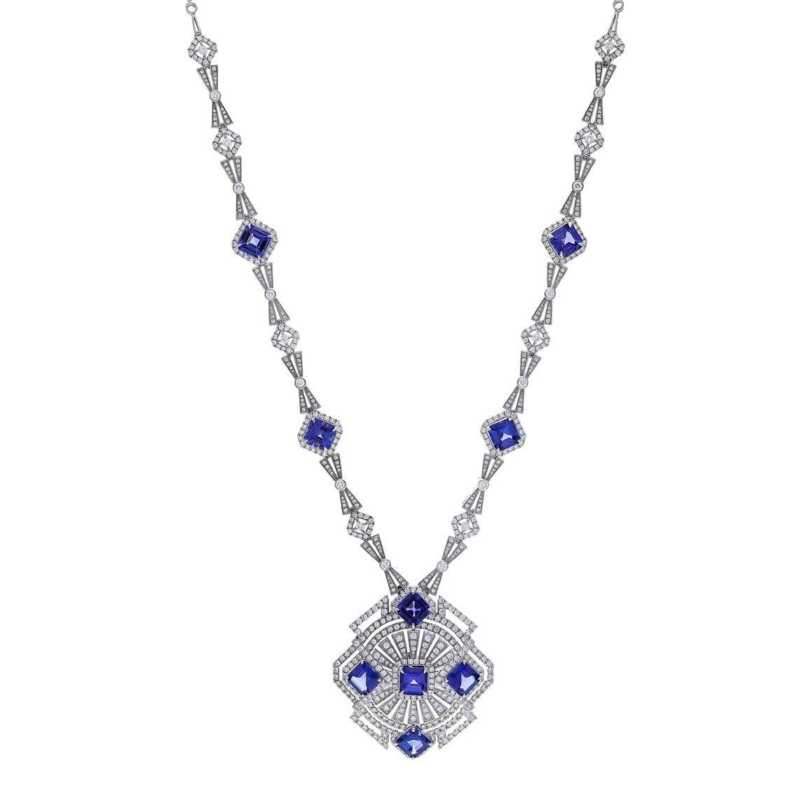 12.65 carat Tanzanite 6.62 carat Diamond 18K Gold Art Deco Style Necklace In New Condition For Sale In Hoffman Estate, IL