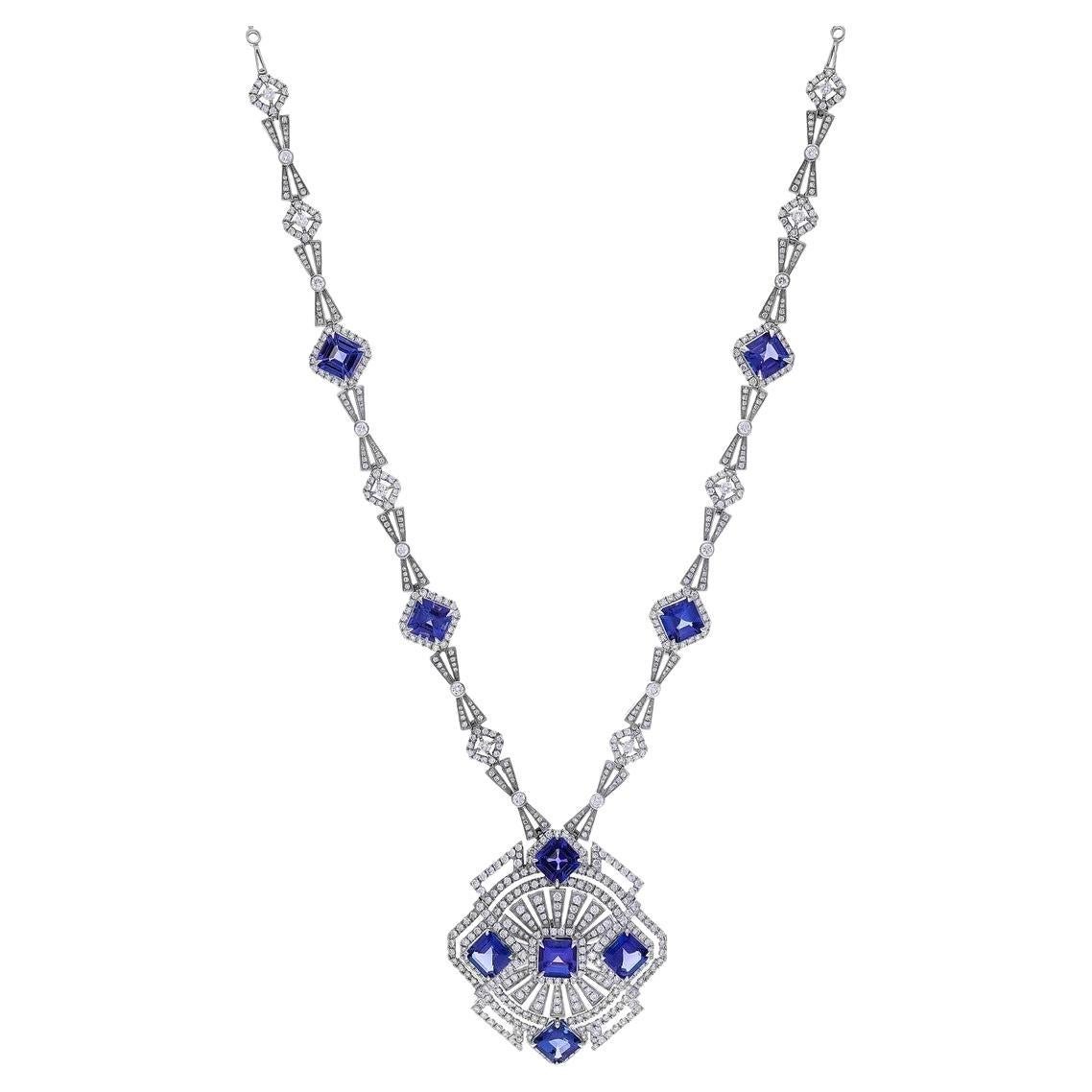 12.65 carat Tanzanite 6.62 carat Diamond 18K Gold Art Deco Style Necklace For Sale