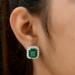 12.65 Ct Zambian Emerald Stud Earrings 2.53 Ct SI/H Diamond 18 Karat White Gold