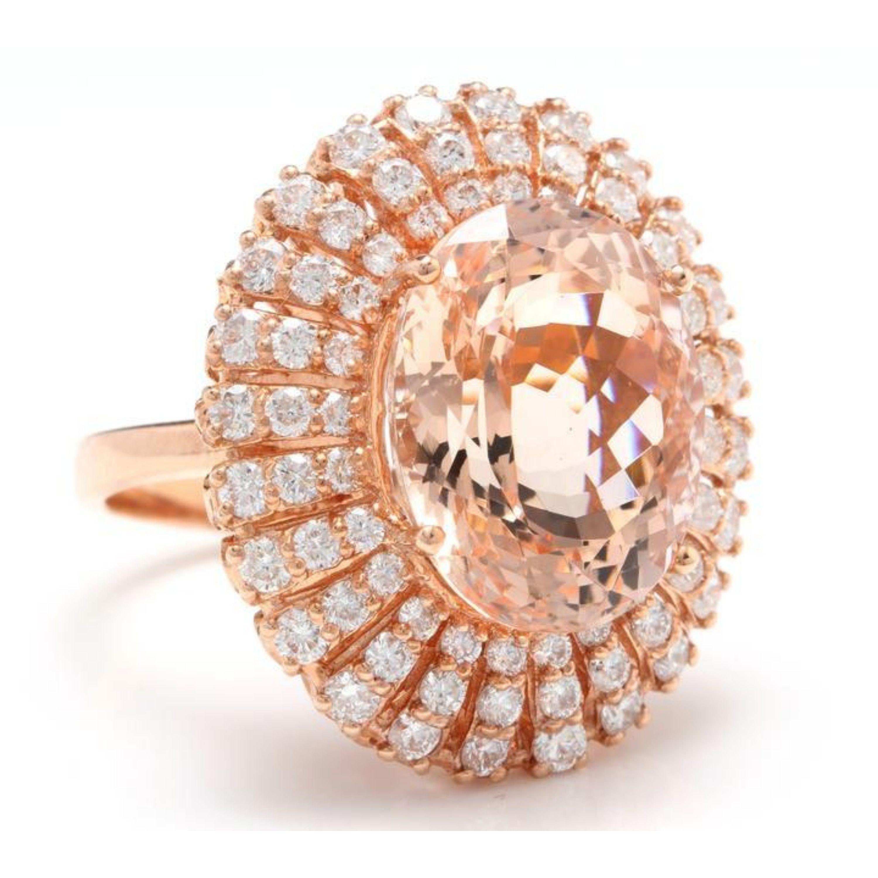 12.65 Carats Impressive Natural Morganite and Diamond 14K Solid Rose Gold Ring

Total Morganite Weight is: Approx. 10.00 Carats

Morganite Treatment: Heating

Morganite Measures: Approx. 15.50 x 12.00mm

Natural Round Diamonds Weight: Approx. 2.65