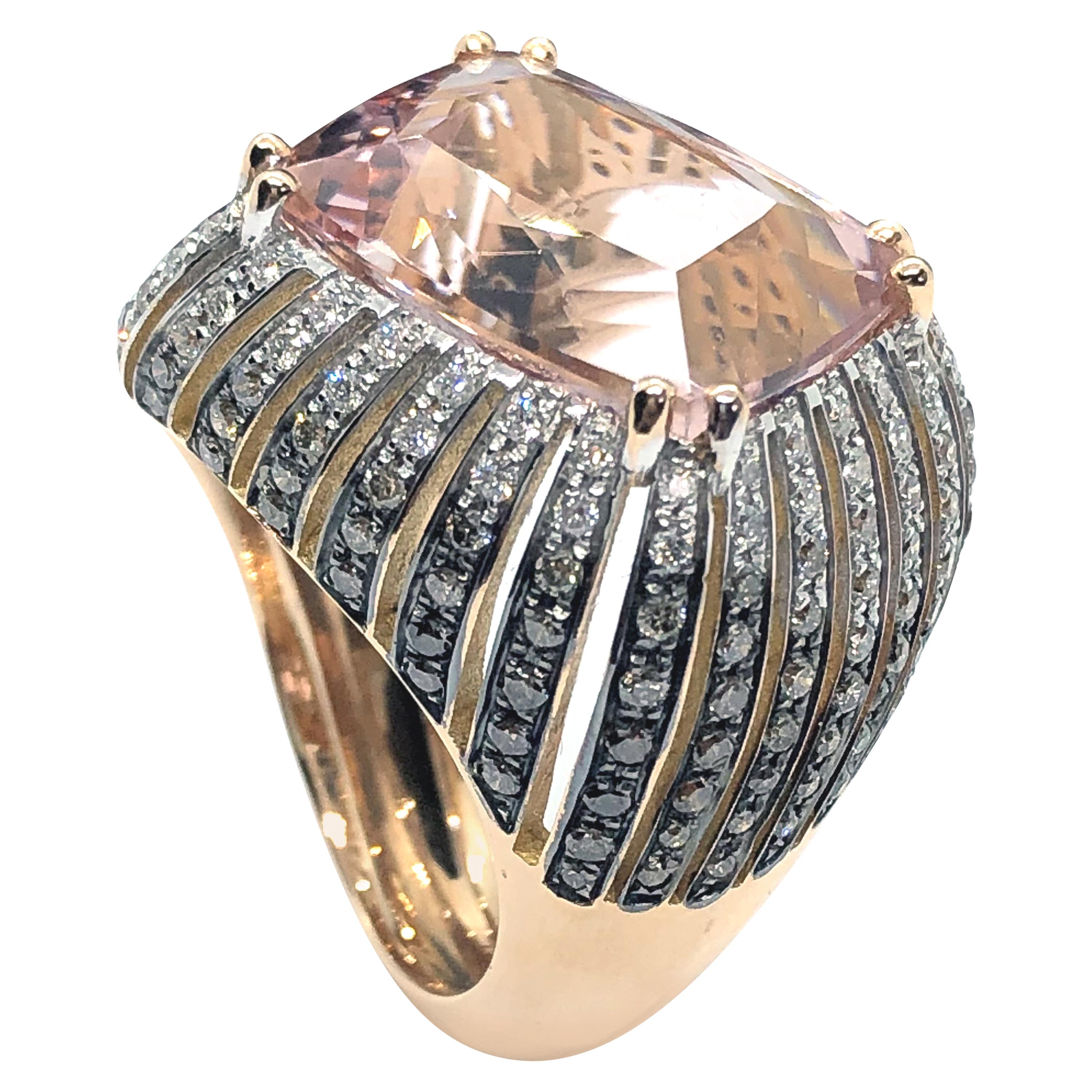 12.65 Carat Pink Morganite Rose Gold Cocktail Ring White and Brown Diamonds For Sale