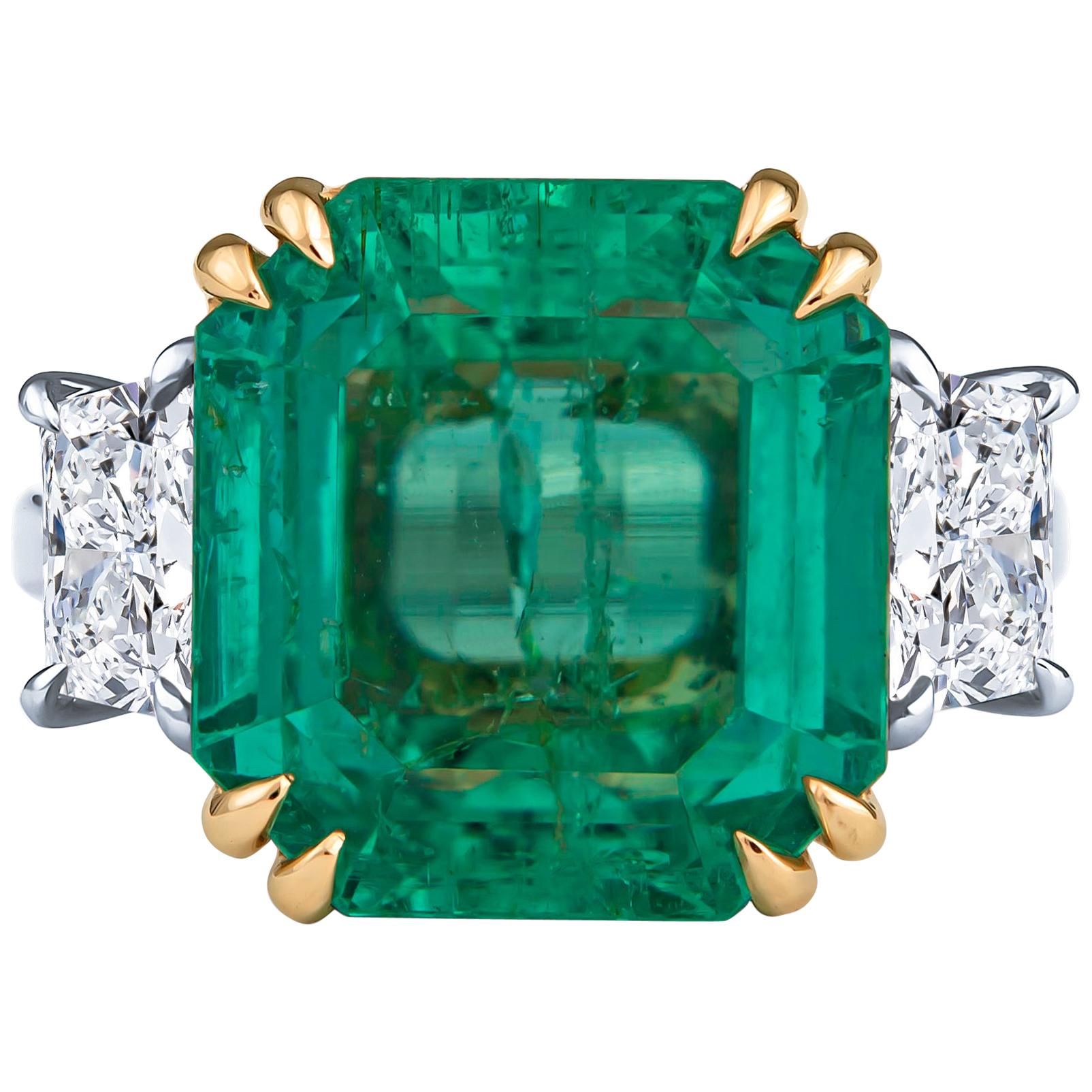 12.65 Colombian Emerald Square Step and Trapezoid Diamond Ring, GIA ...