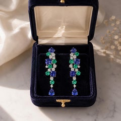12.67 Ct Tanzanite 5.45 Ct Emerald 2.89 Ct Diamond Drop Earrings 18K White Gold
