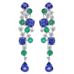 12.67 Ct Tanzanite 5.45 Ct Emerald 2.89 Ct Diamond Drop Earrings 18K White Gold