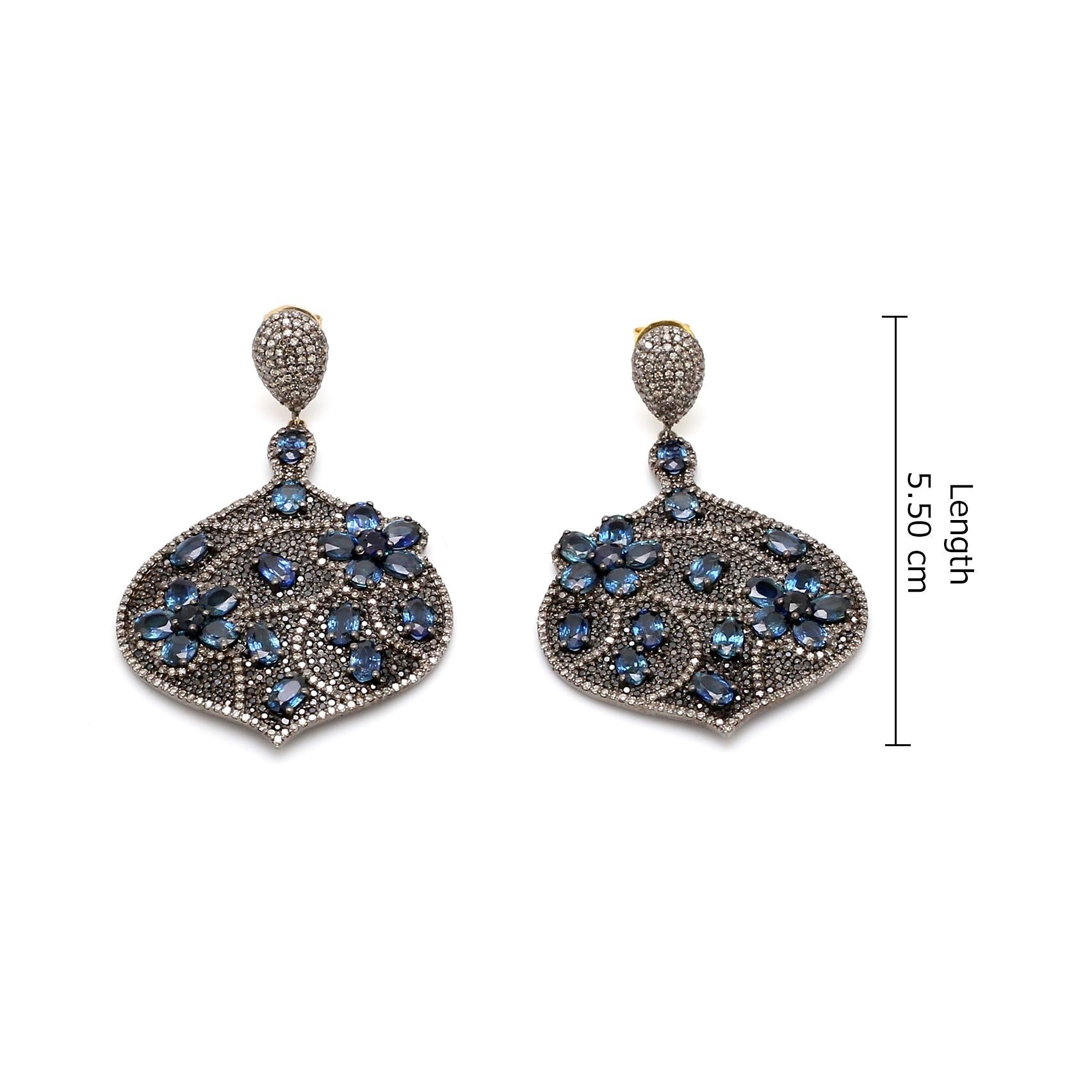 Round Cut 12.68 Carat Blue Sapphire and Diamond Dangle Earrings in Victorian Style For Sale