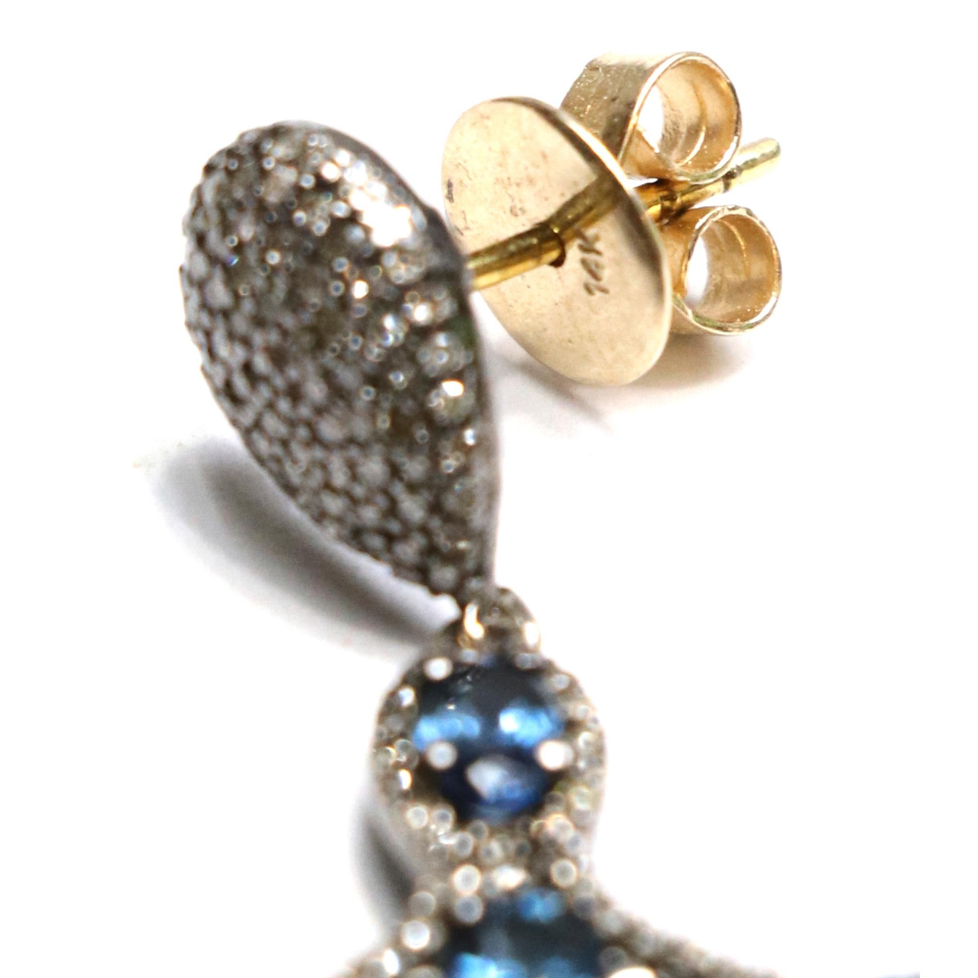 Women's 12.68 Carat Blue Sapphire and Diamond Dangle Earrings in Victorian Style For Sale