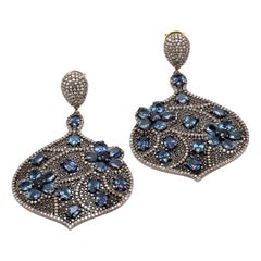 12.68 Carat Blue Sapphire and Diamond Dangle Earrings in Victorian Style