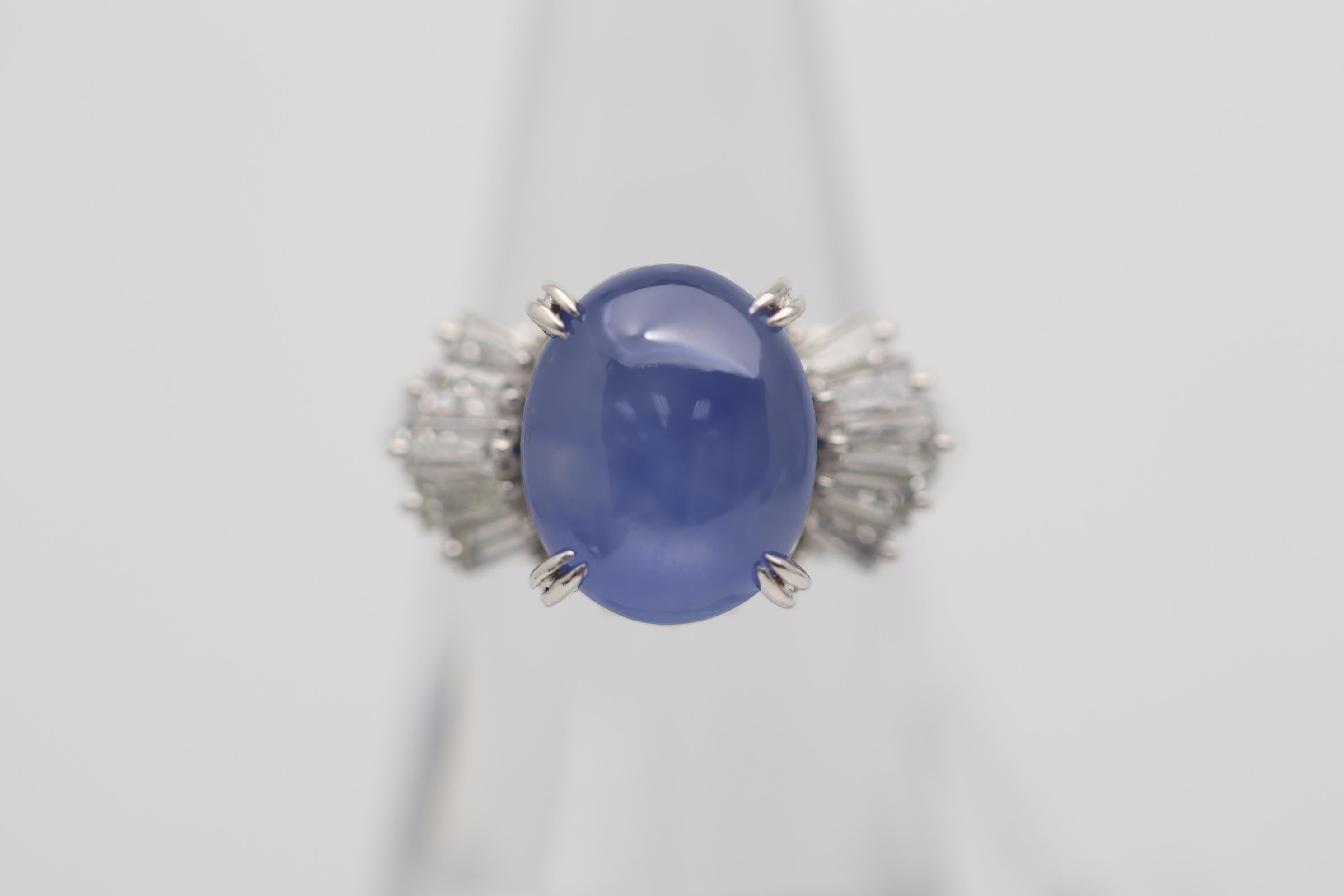 A superb star sapphire with a rich blue color takes center stage. It weighs an impressive 12.68 carats, has an ideal pure bright blue color, along with a very strong and defined 6-rayed star. It is complemented by 0.75 carats of baguette-cut