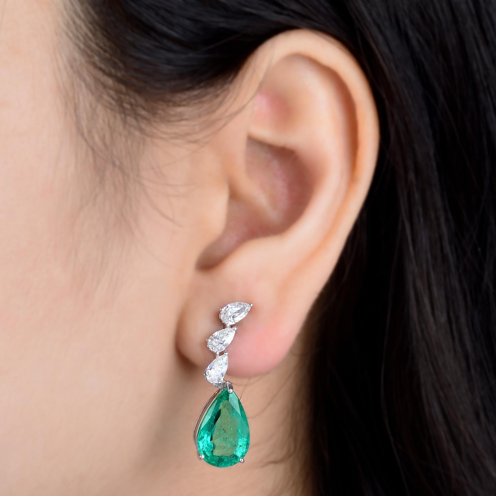 Modern 12.69 tcw Pear Natural Emerald Earrings Diamond 18 Karat White Gold Fine Jewelry For Sale