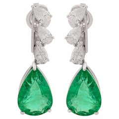12.69 tcw Pear Natural Emerald Earrings Diamond 18 Karat White Gold Fine Jewelry