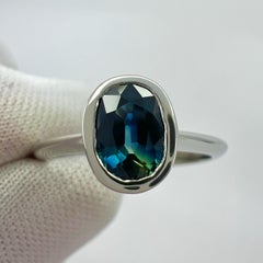 1.26ct Bi Colour Blue Green Sapphire Oval Cut Platinum Solitaire Bezel Set Ring