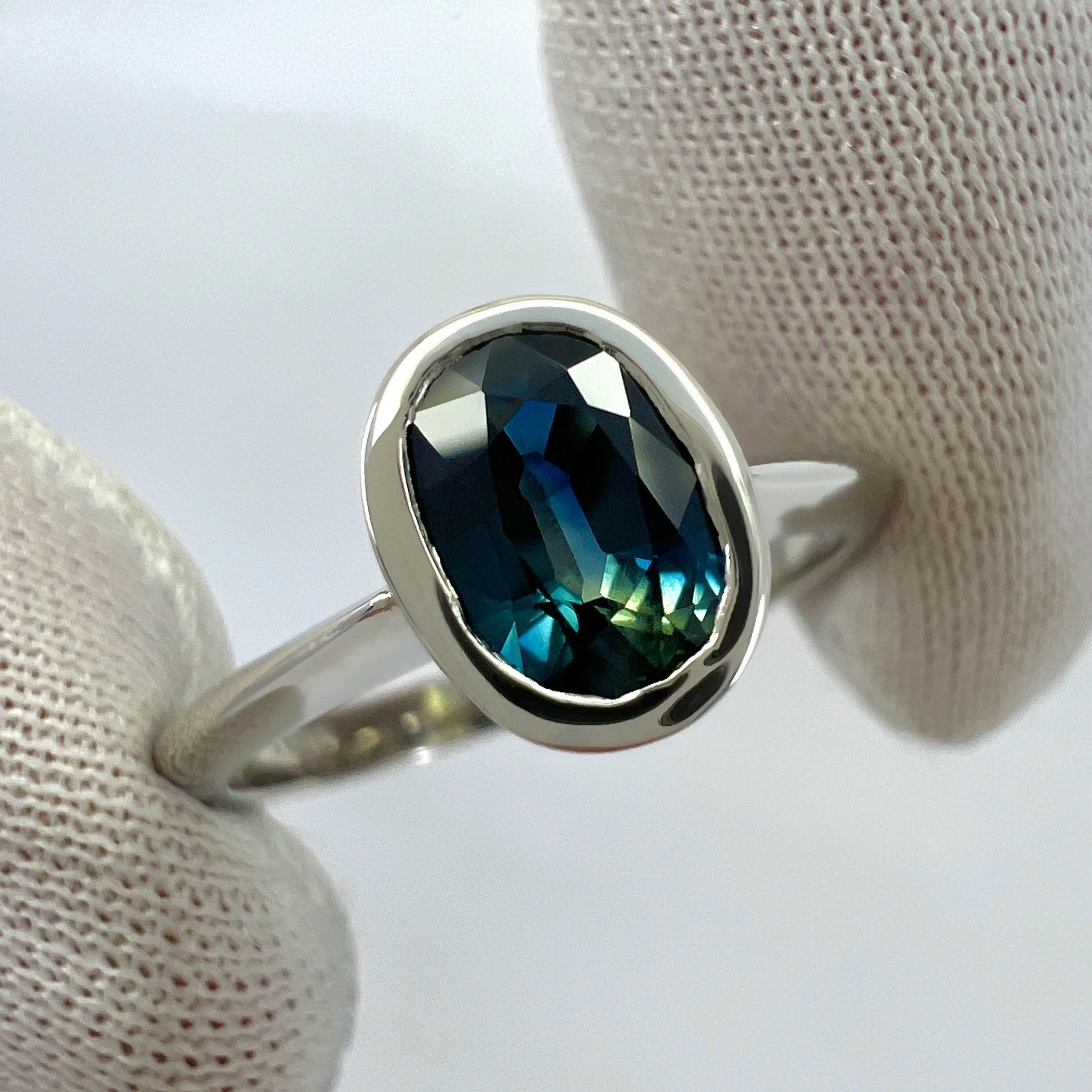 1.26ct Bi Colour Blue Green Sapphire Oval Cut Platinum Solitaire Bezel Set Ring In New Condition For Sale In Birmingham, GB