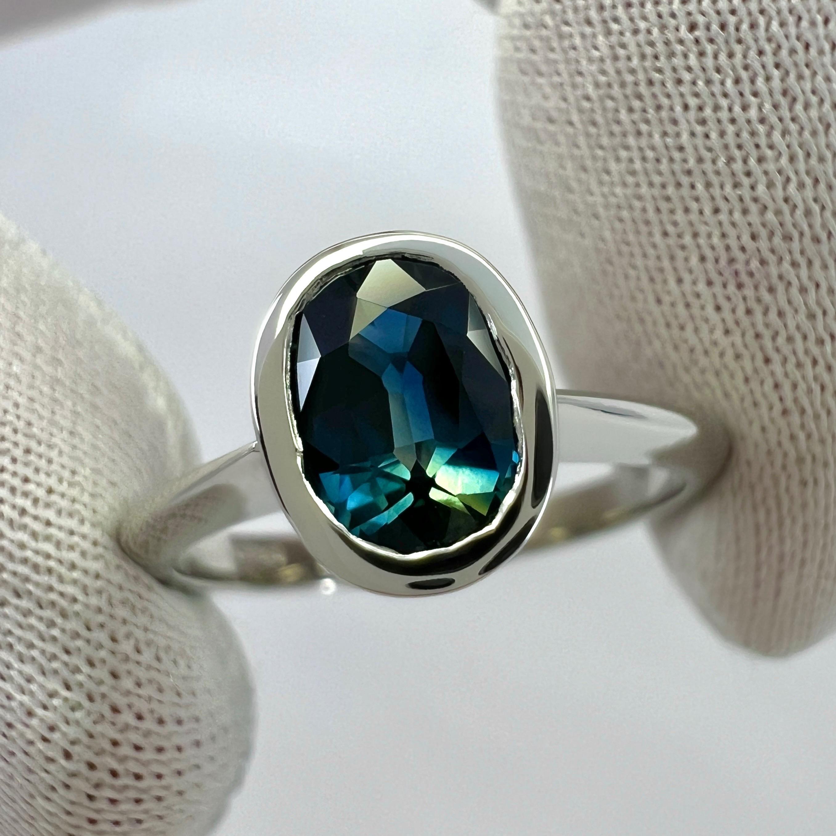 1.26ct Bi Colour Blue Green Sapphire Oval Cut Platinum Solitaire Bezel Set Ring For Sale 1