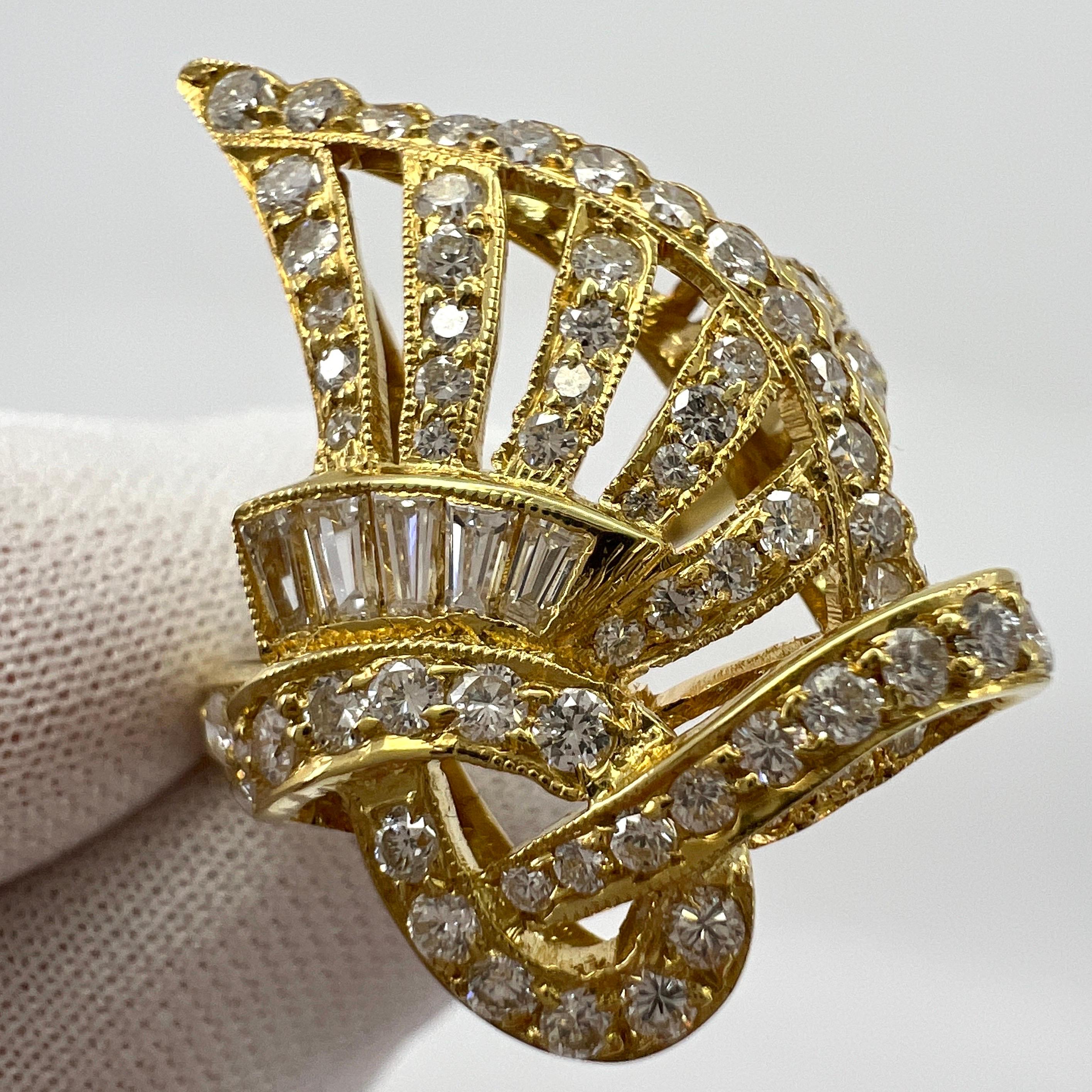 1.26ct Fancy White Diamond Swirl Round & Baguette Cut 18k Gold Statement Ring In New Condition For Sale In Birmingham, GB