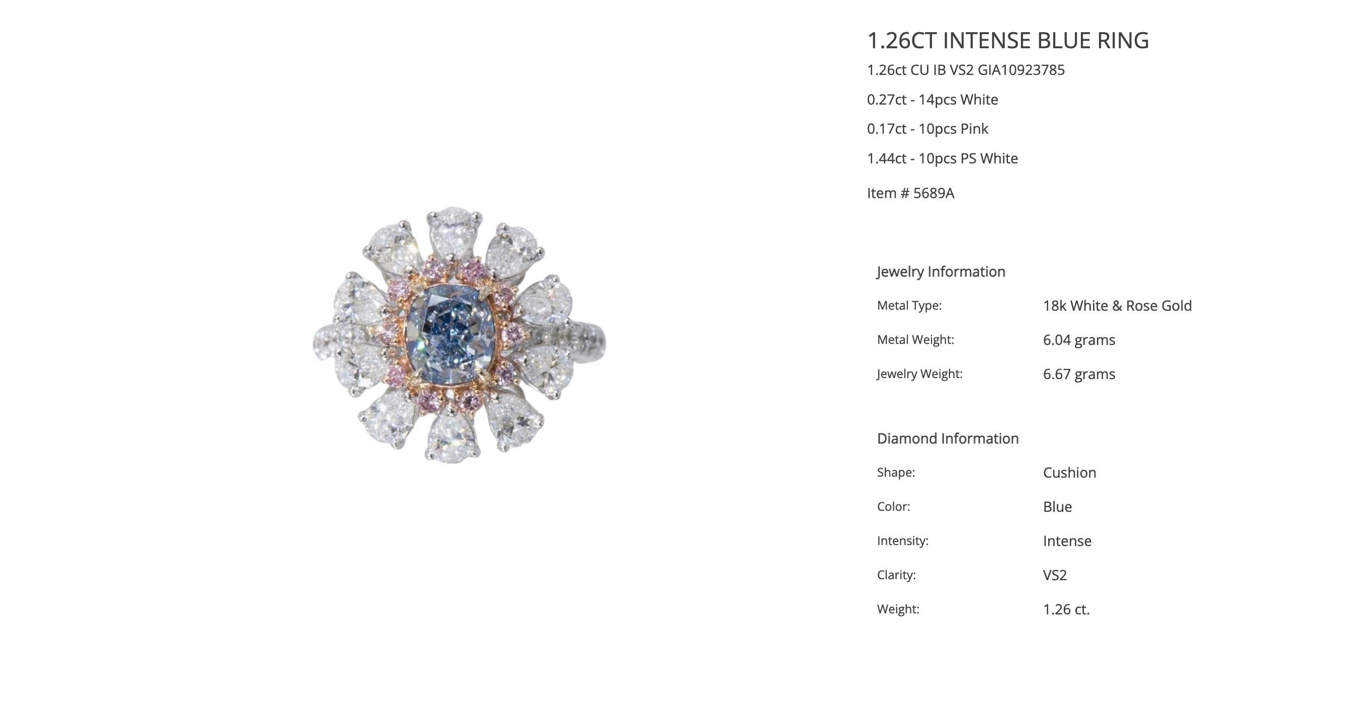 Women's or Men's  1.26CT INTENSE BLUE NATURAL GIA CERTIFIED DIAMOND Ring