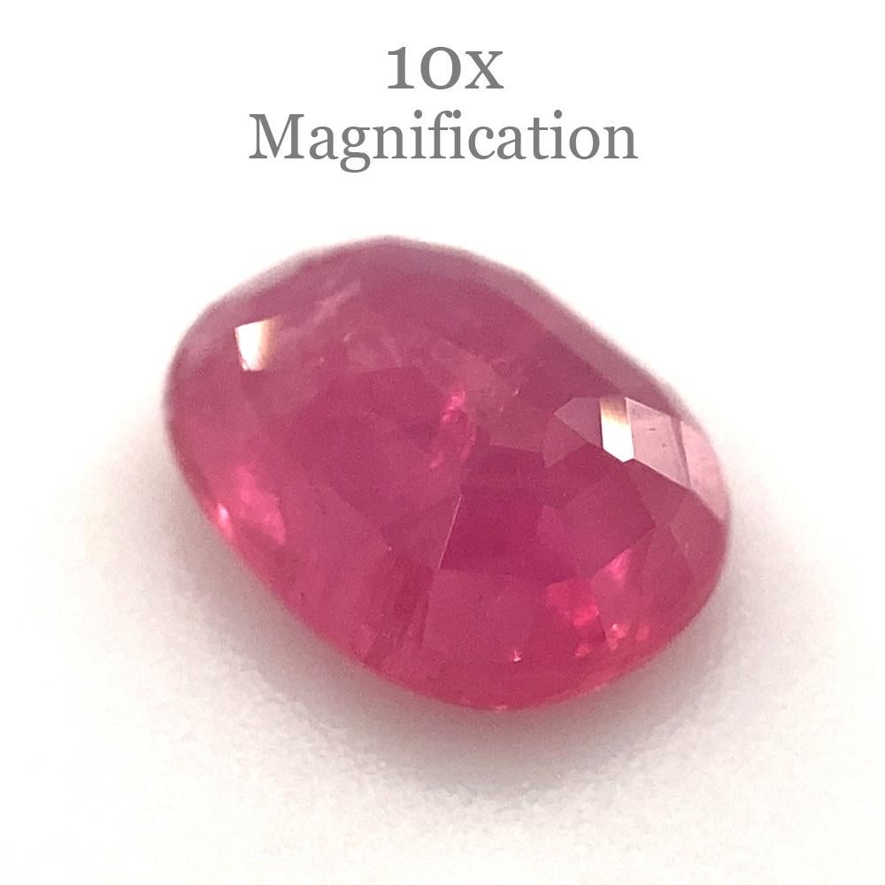 Description:

Gem Type: Ruby
Number of Stones: 1
Weight: 1.26 cts
Measurements: 7.30x5.50x2.80 mm
Shape: Oval
Cutting Style Crown: Modified Brilliant Cut
Cutting Style Pavilion: Step Cut
Transparency: Transparent
Clarity: Heavily Included: