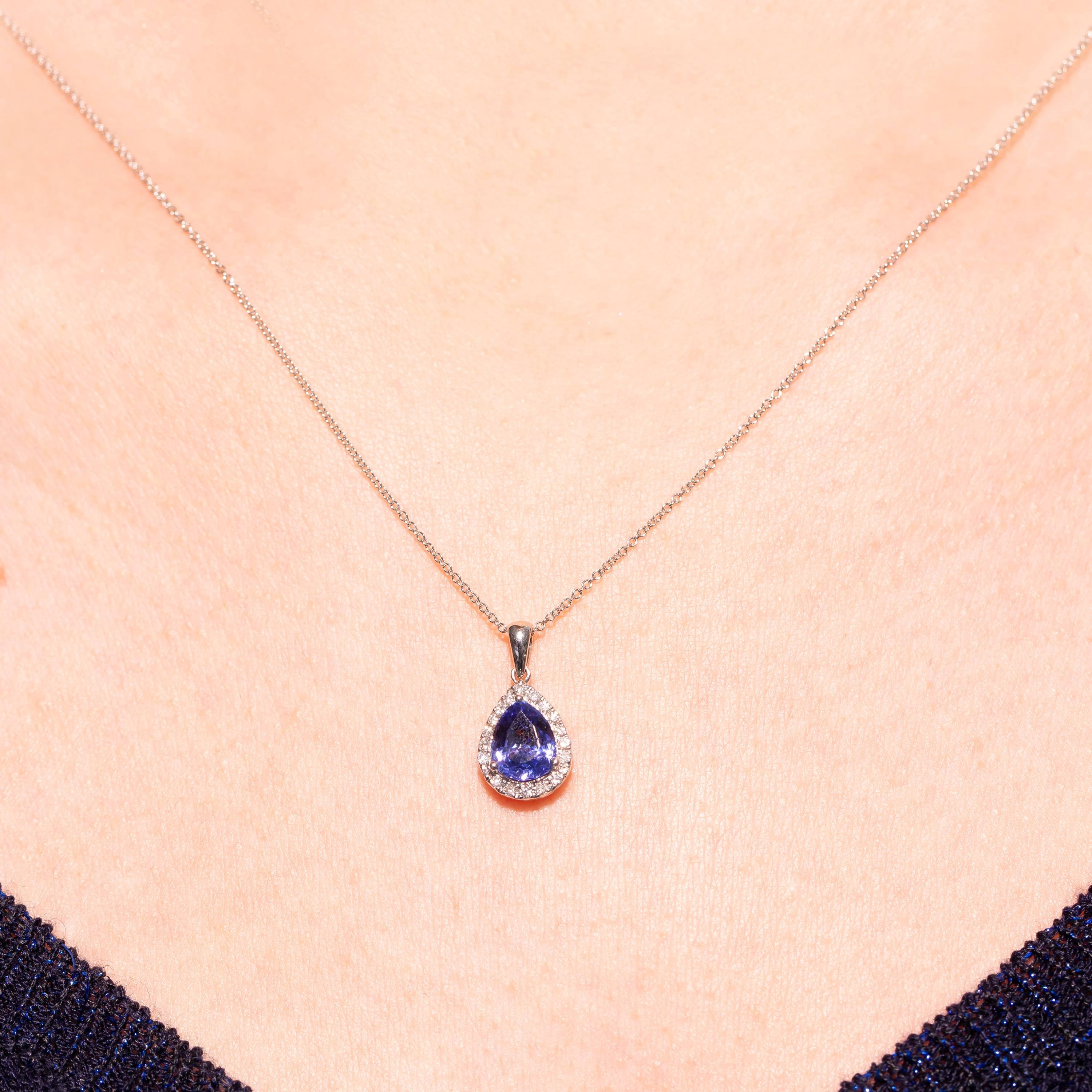 Tanzanite 1.26CT Pear Shape Diamond 0.35CT Halo Pave Set 18KT Gold Chain Pendant In New Condition For Sale In London, GB