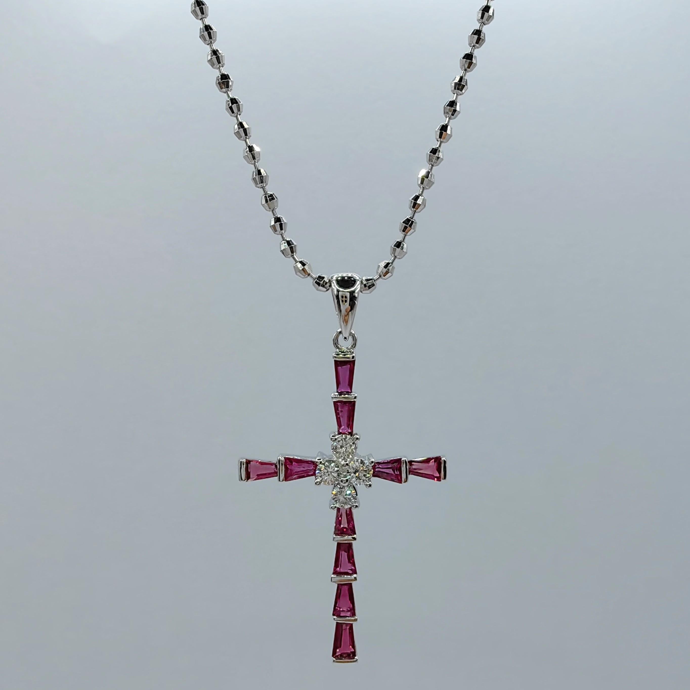 1.26ct Pigeon Blood Ruby & Diamond Cross Necklace Pendant in 18K White Gold For Sale 4