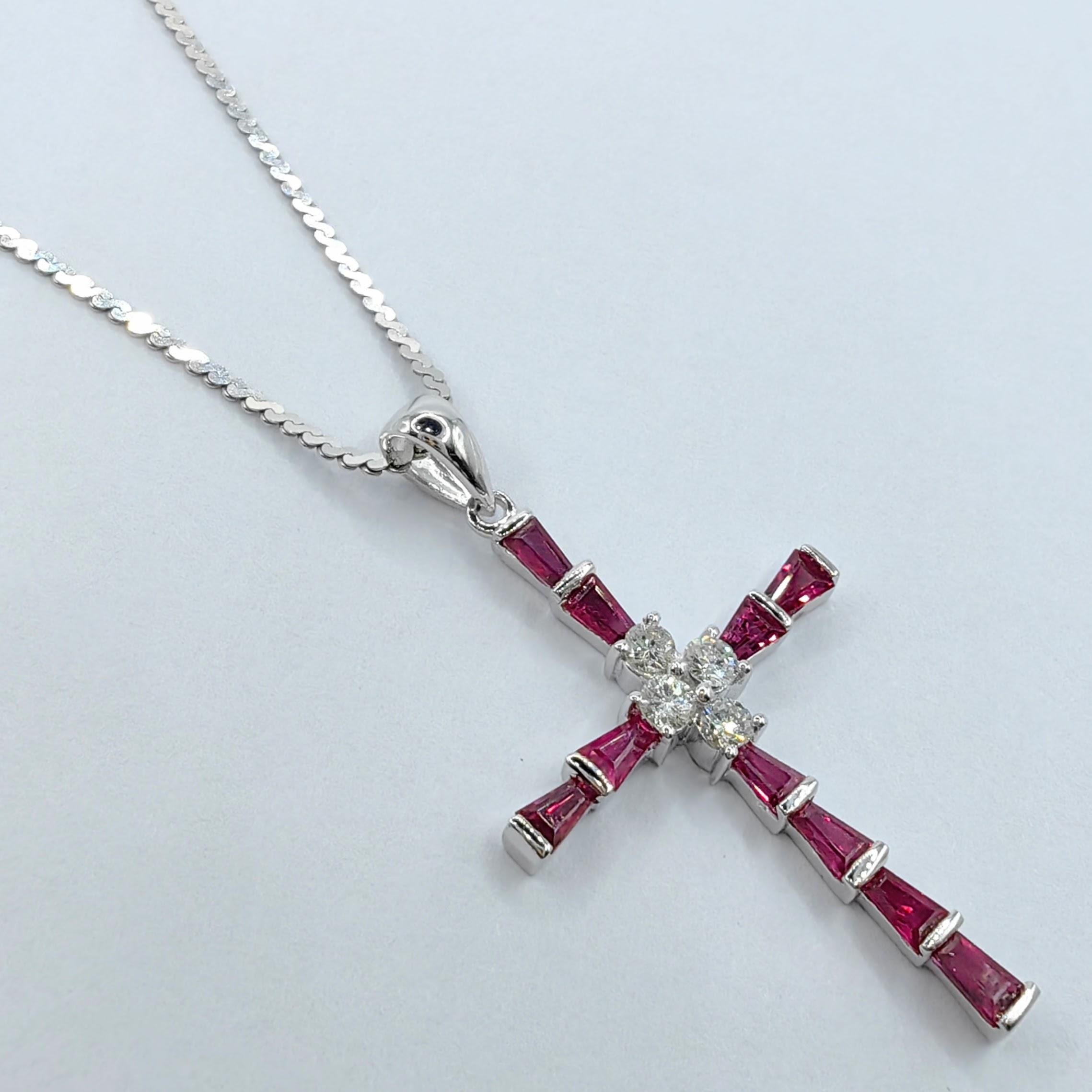 Tapered Baguette 1.26ct Pigeon Blood Ruby & Diamond Cross Necklace Pendant in 18K White Gold For Sale