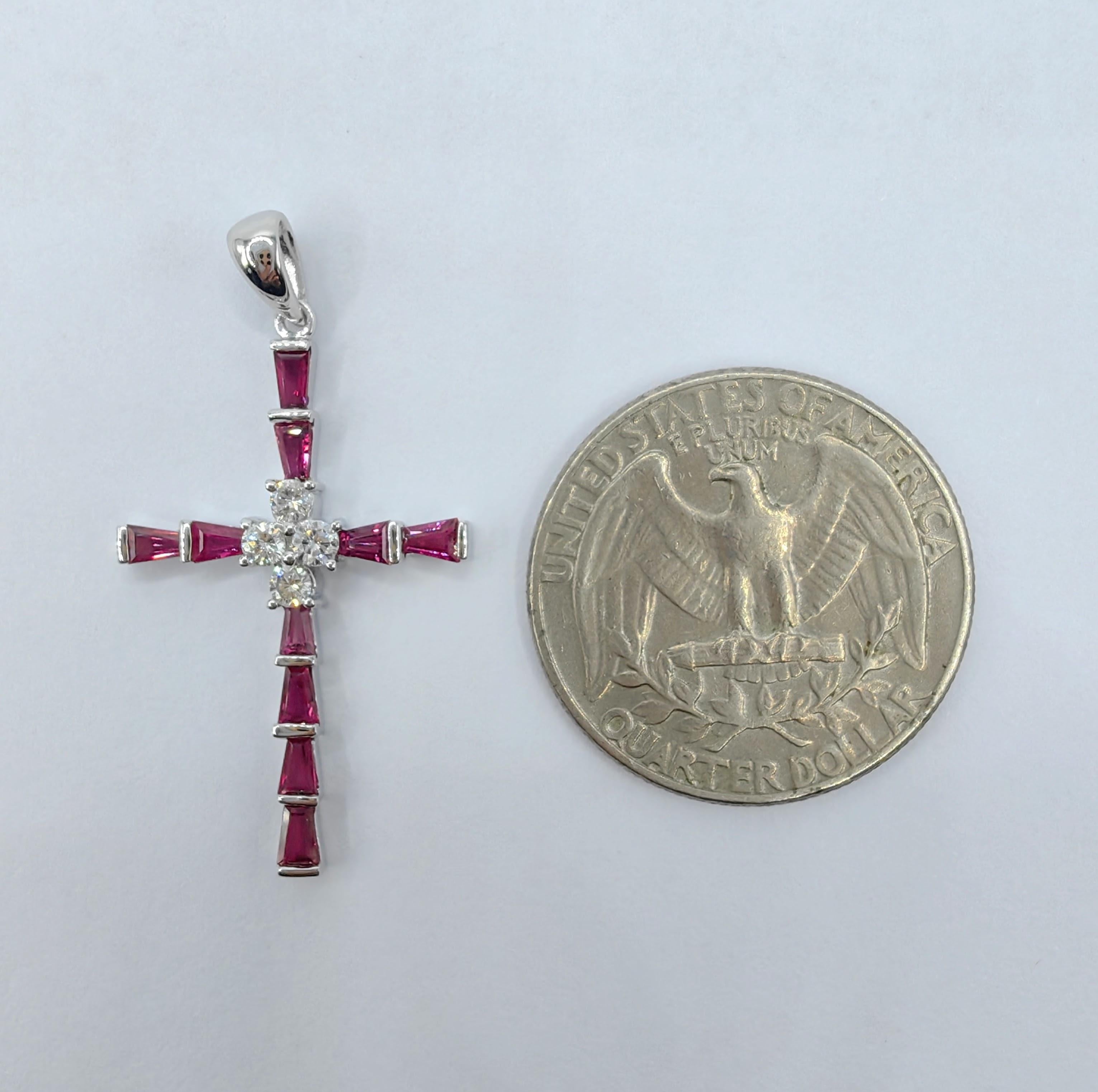 1.26ct Pigeon Blood Ruby & Diamond Cross Necklace Pendant in 18K White Gold For Sale 1