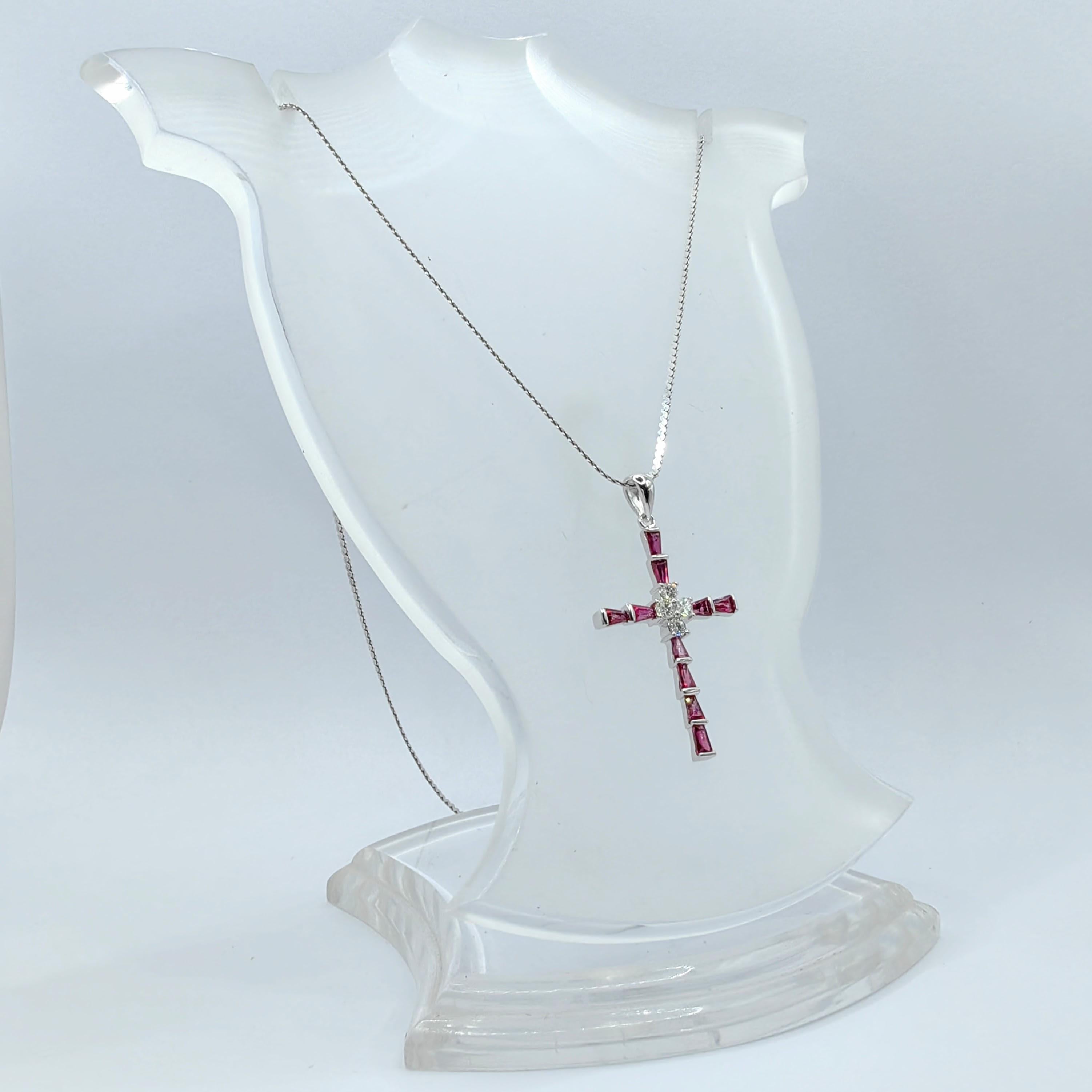 1.26ct Pigeon Blood Ruby & Diamond Cross Necklace Pendant in 18K White Gold 2