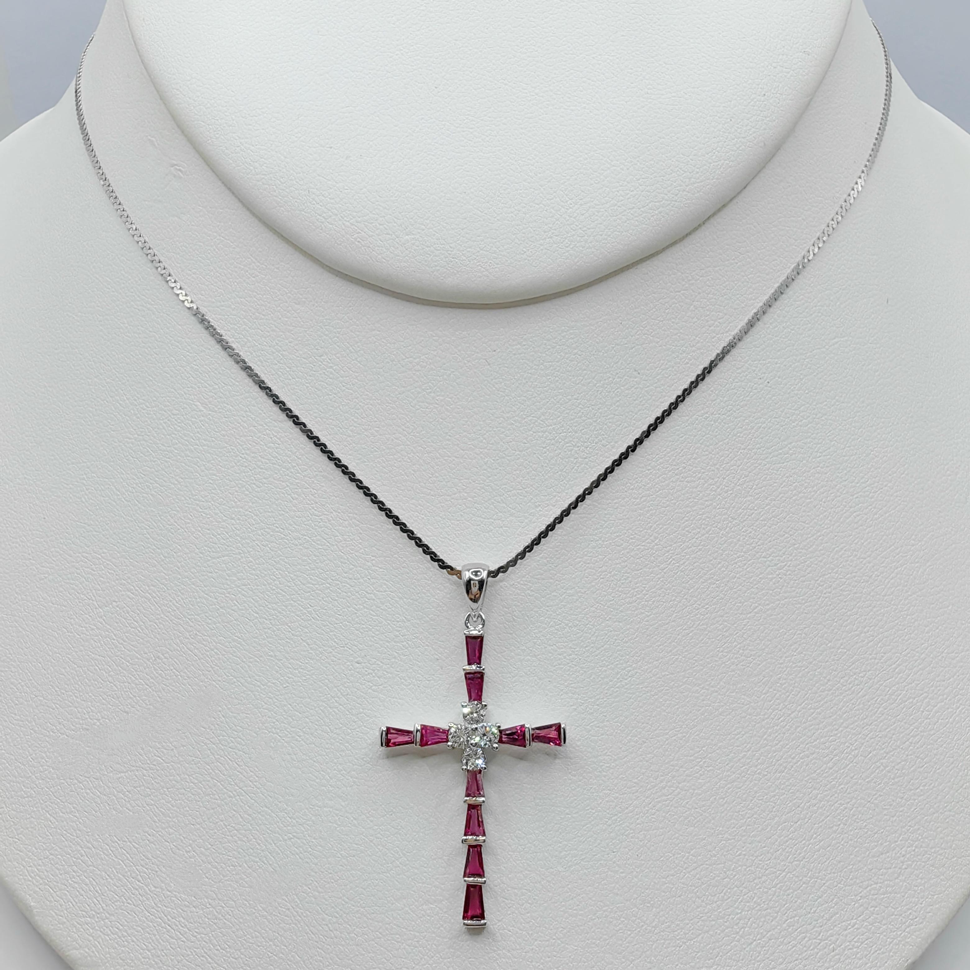 1.26ct Pigeon Blood Ruby & Diamond Cross Necklace Pendant in 18K White Gold For Sale 3