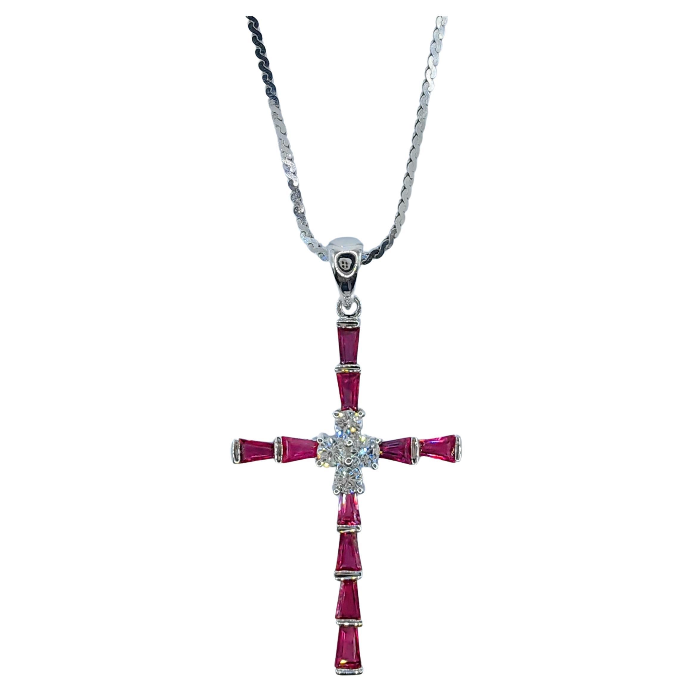 1.26ct Pigeon Blood Ruby & Diamond Cross Necklace Pendant in 18K White Gold For Sale