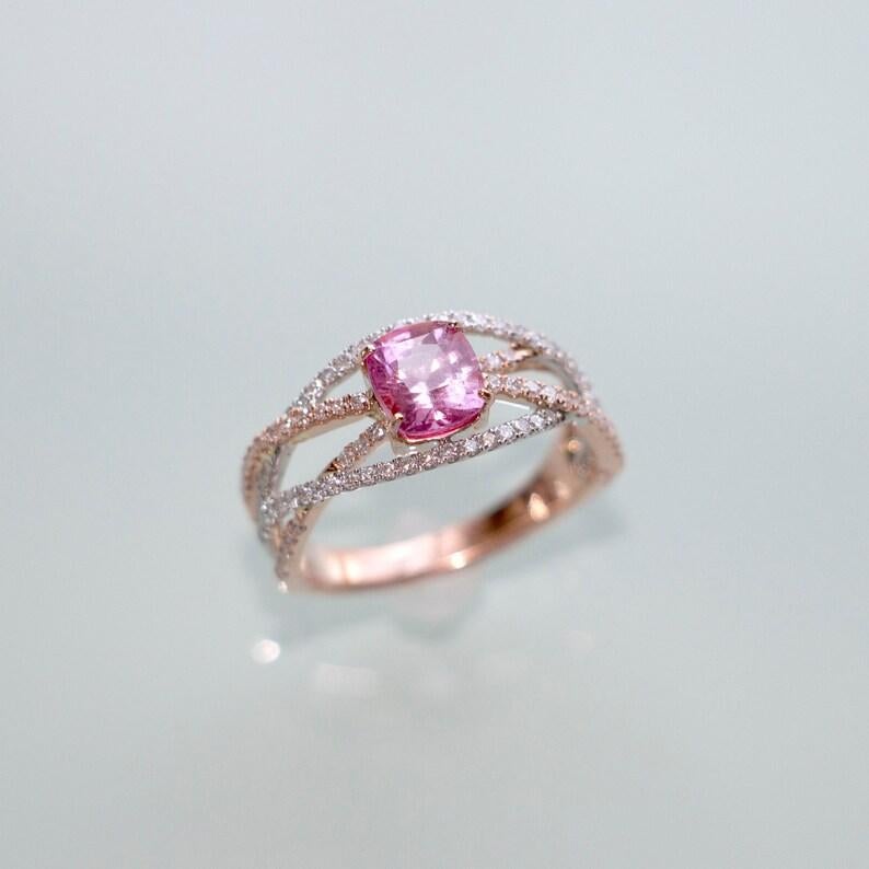 Modernist 1.26ct Pink Sapphire w Diamond Accents in 14k White & Rose Gold Cushion 6.5mm For Sale