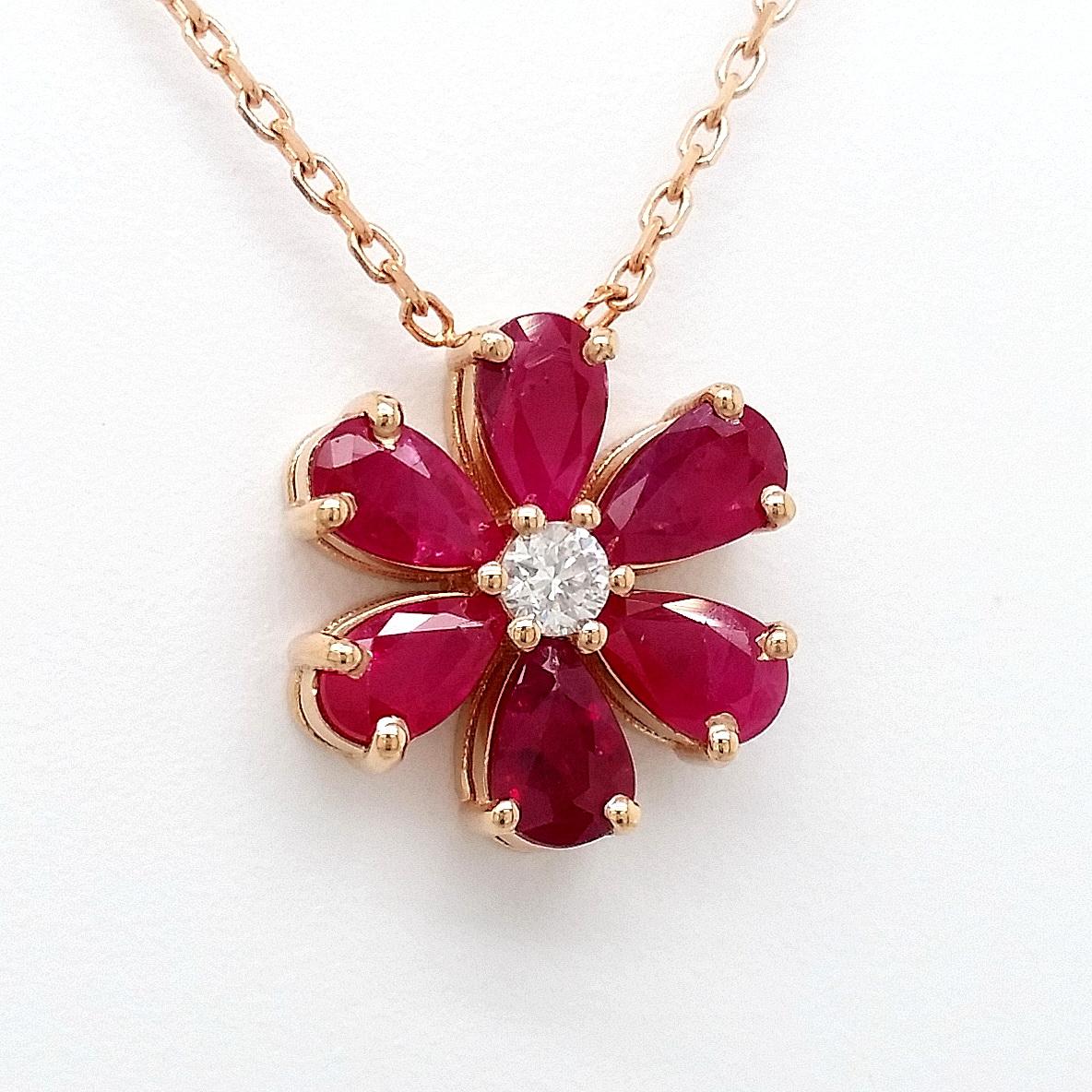 Pear Cut NO RESERVE PRICE 1.26ctw  Ruby and Diamond Flower Pendant 14K Rose Gold 