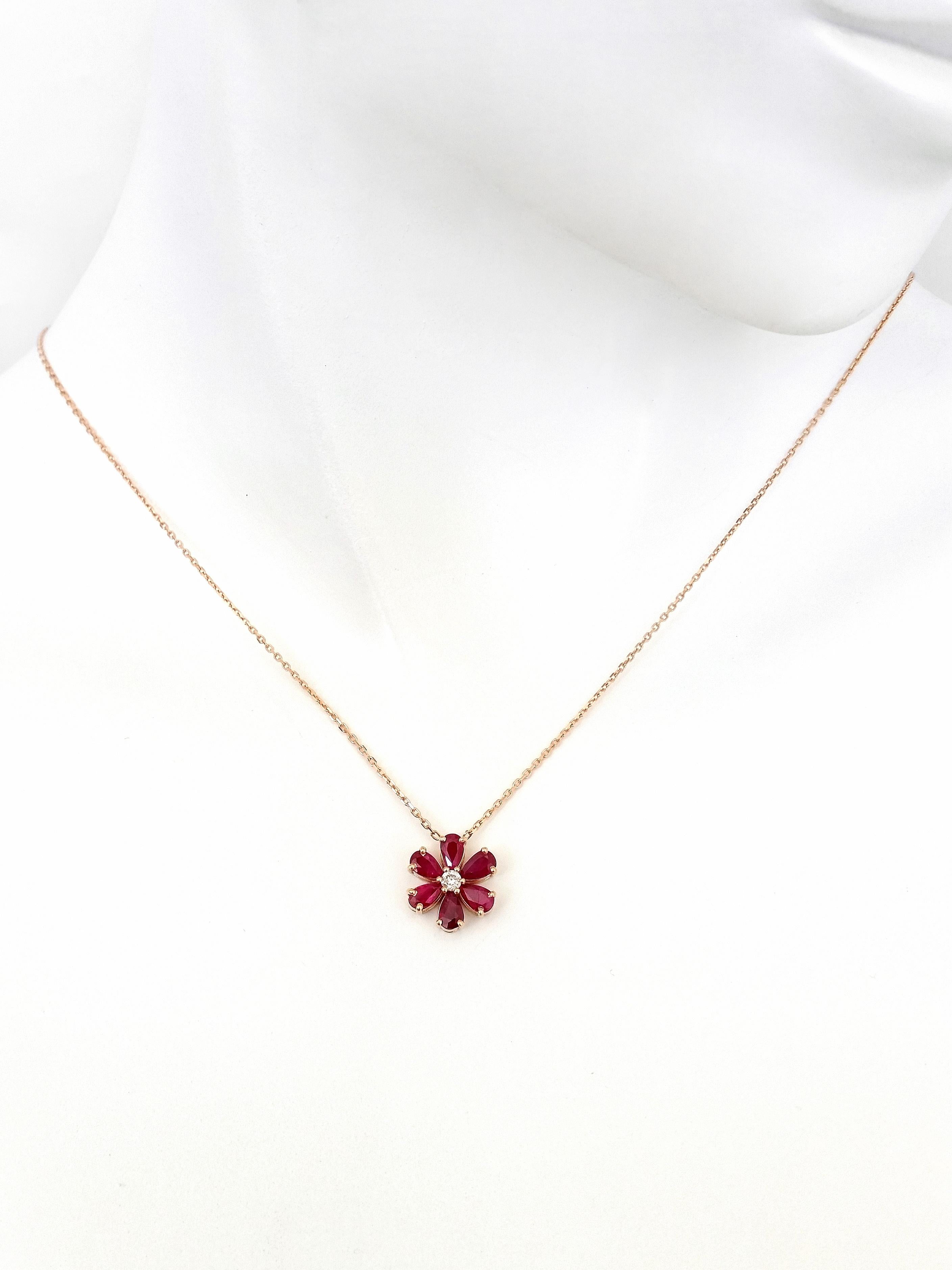 Women's or Men's NO RESERVE PRICE 1.26ctw  Ruby and Diamond Flower Pendant 14K Rose Gold 