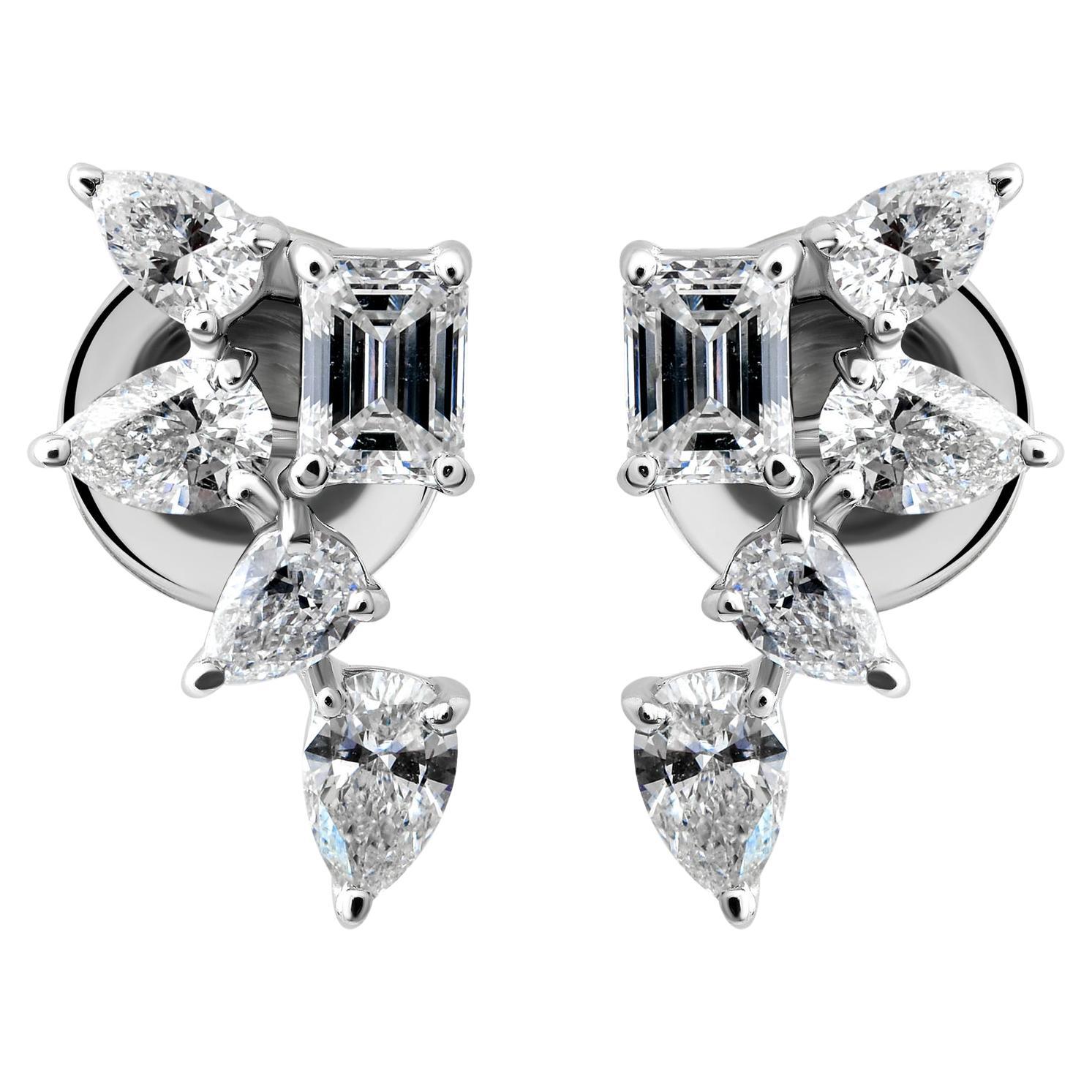 1.26ct SI Clarity HI Color Diamond Cluster Stud Earrings 14 Karat White Gold