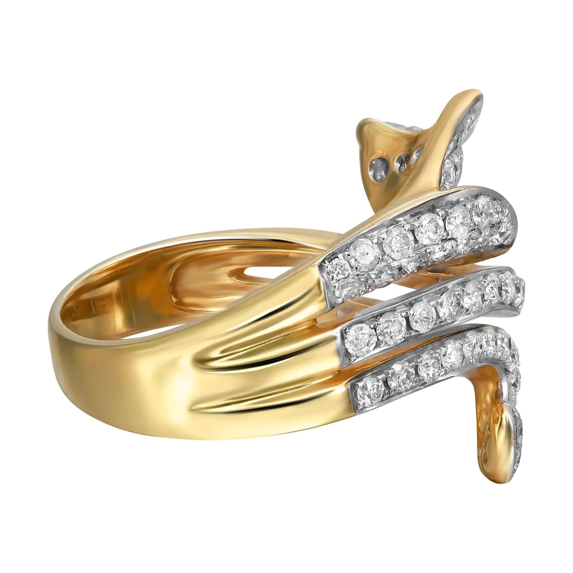 This beautiful diamond cocktail ring features shimmering round brilliant cut diamonds in prong setting with a beautiful leaf design. Total diamond weight: 1.26 carats. Diamond quality: H-I color and SI clarity. Crafted in 14K yellow gold. The ring