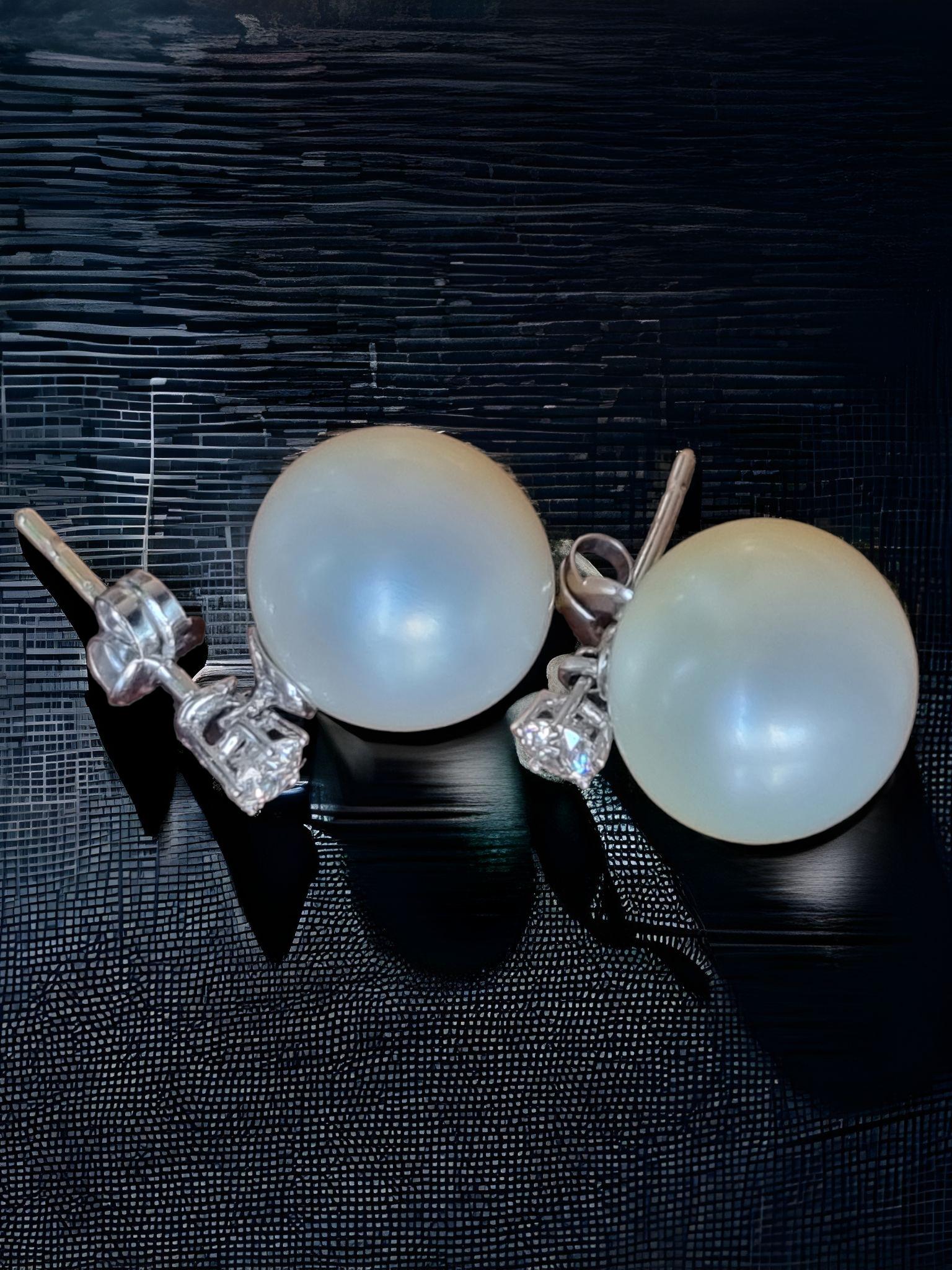 Aesthetic Movement 12.6MM South Sea Pearl and Diamond Stud Earrings For Sale