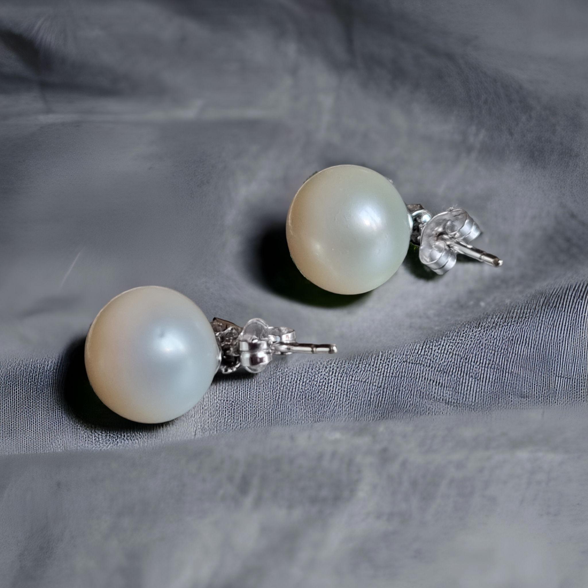 Women's 12.6MM South Sea Pearl and Diamond Stud Earrings For Sale