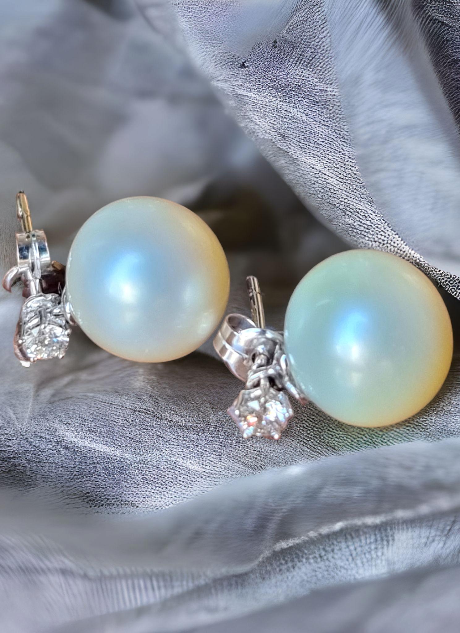 12.6MM South Sea Pearl and Diamond Stud Earrings For Sale 1