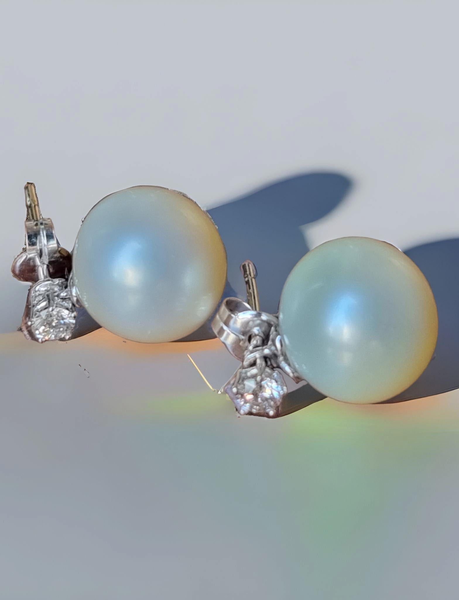 12.6MM South Sea Pearl and Diamond Stud Earrings For Sale 2