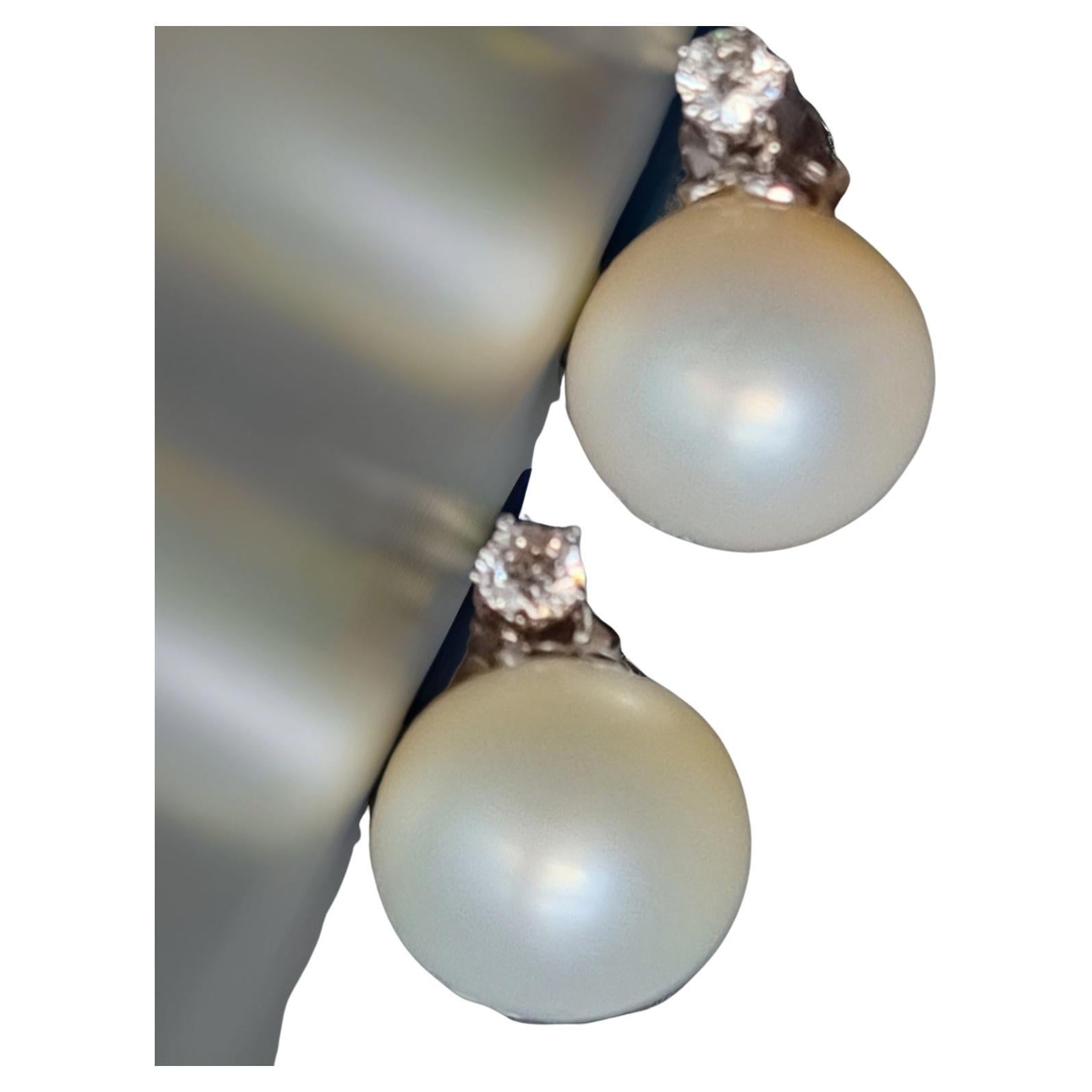 12.6MM South Sea Pearl and Diamond Stud Earrings For Sale