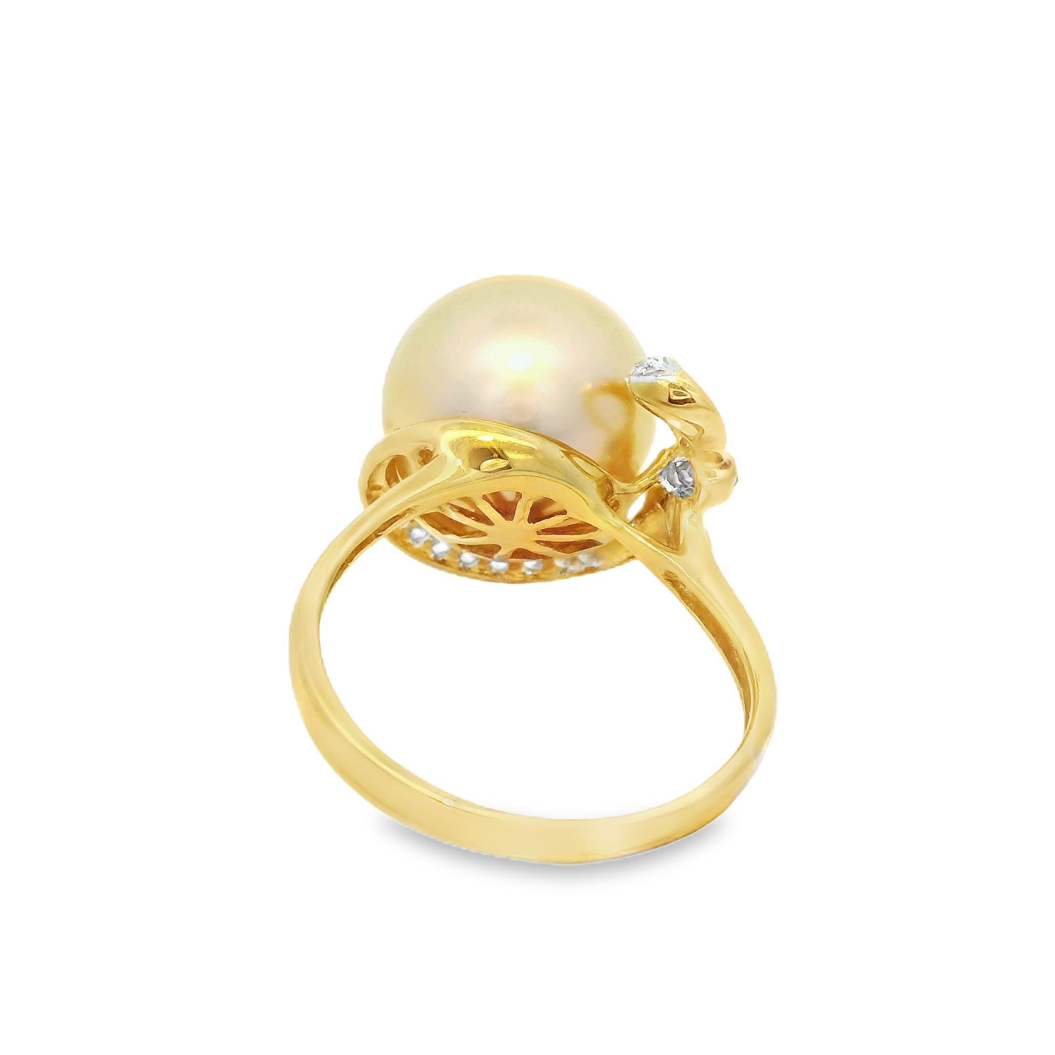 Artisan 12.6MM South Sea Pearl Diamond Ring in 18 Karat Yellow Gold For Sale