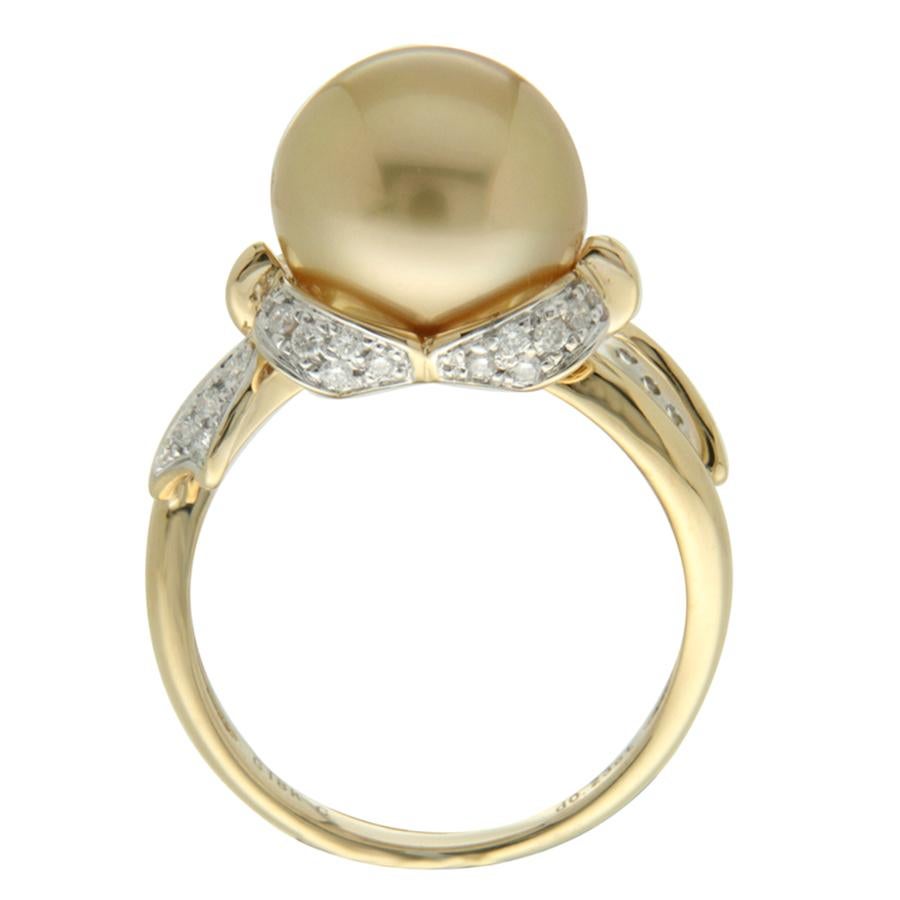 Women's 12MM South Sea Pearl Diamond Ring in 18 Karat Yellow Gold For Sale