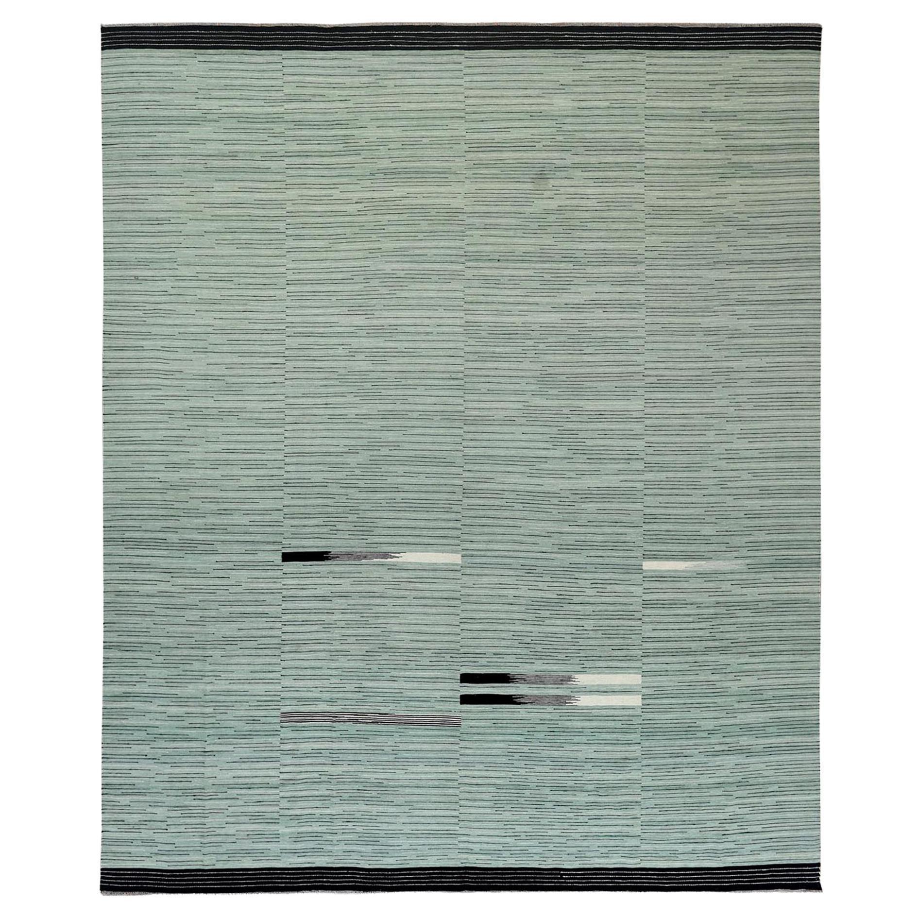 12'6"x15' Light Green Hand Woven Nomadic Design Flat Weave Kilim Wool Rug
