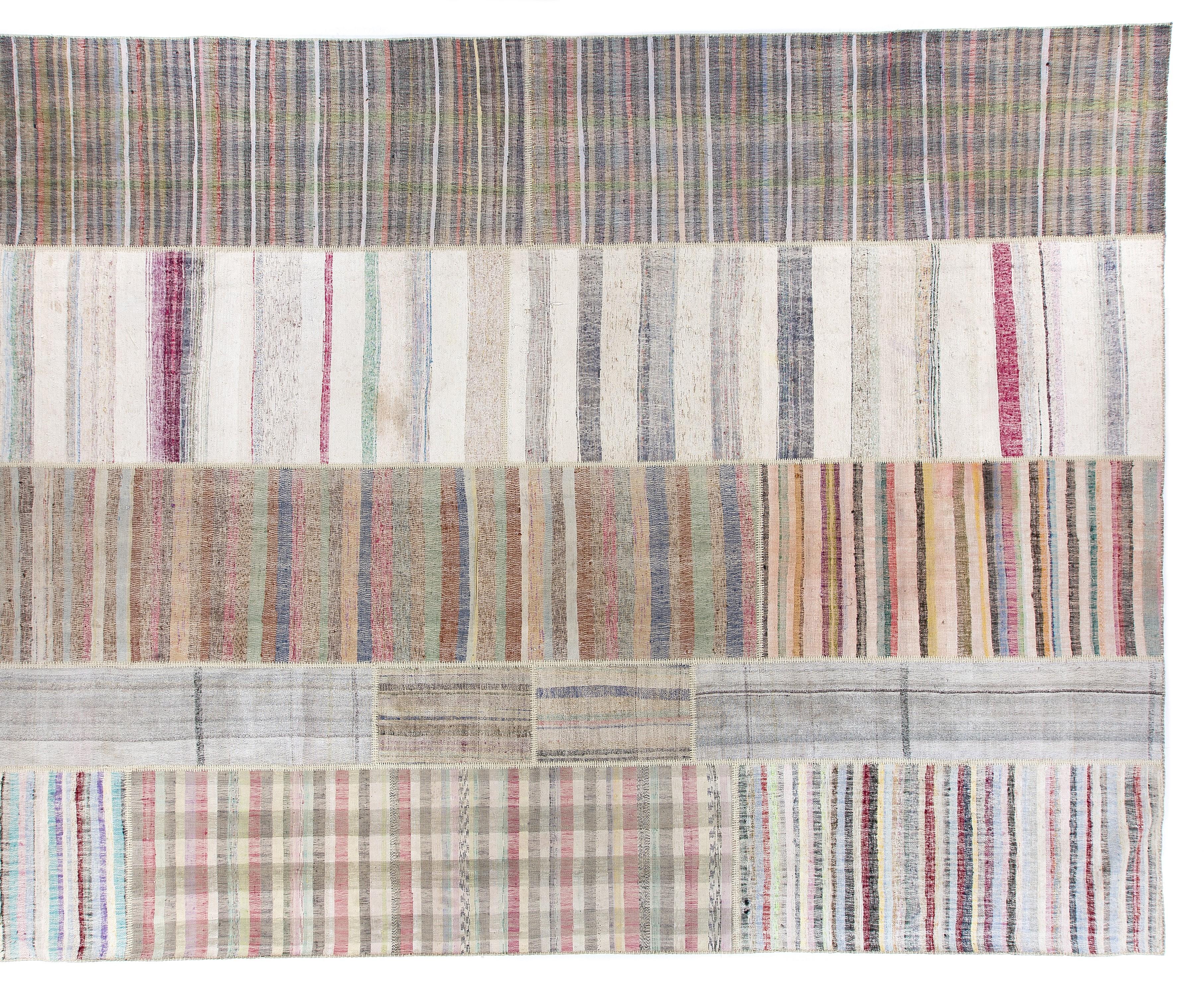 12.4x16.4 Ft Oversize Striped Cotton Colorful Rag Rug, Adjustable, Vintage Kilim In Good Condition For Sale In Philadelphia, PA