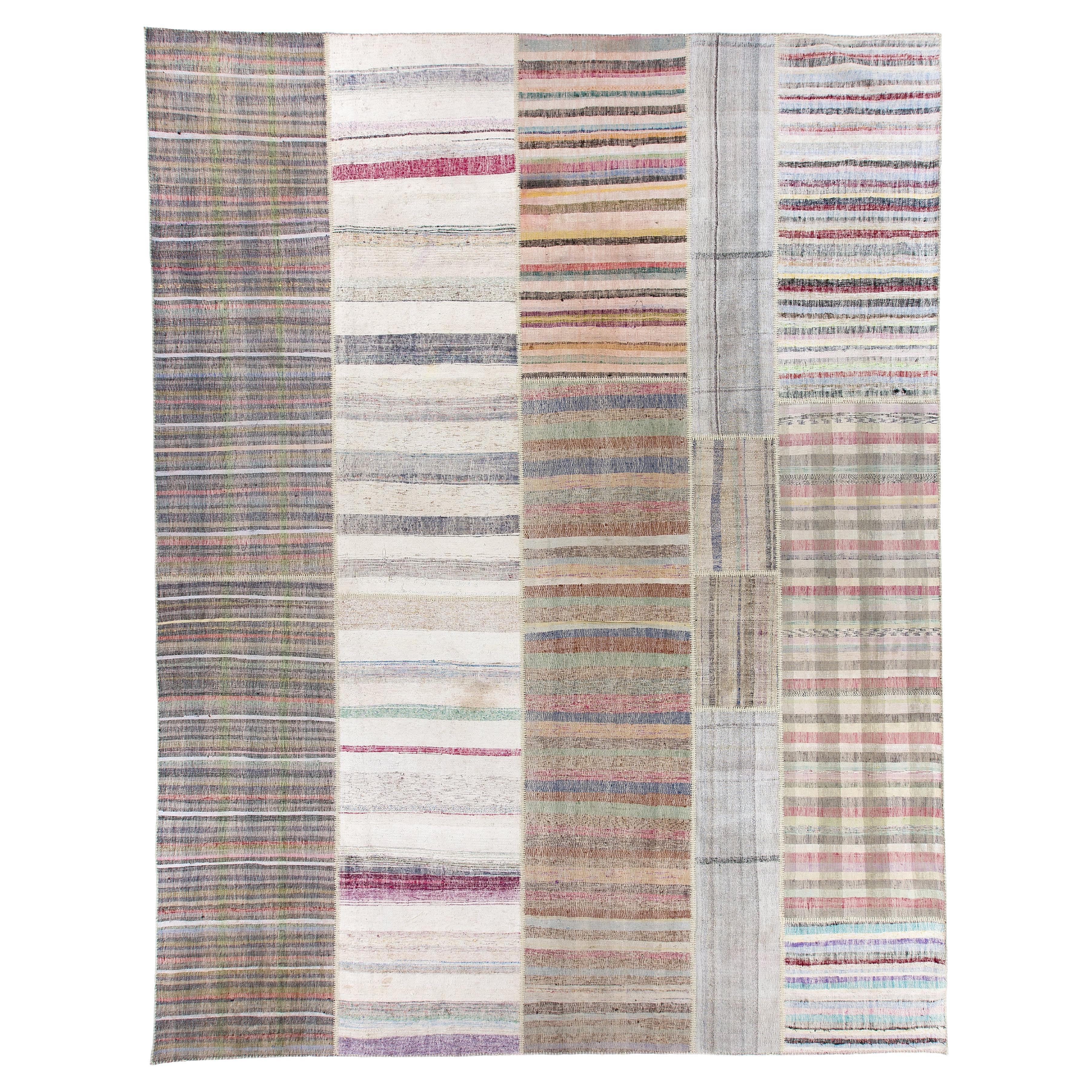 12,4x16,4 Ft Oversize gestreifter bunter Rag-Teppich aus Baumwolle, verstellbar, Vintage Kelim