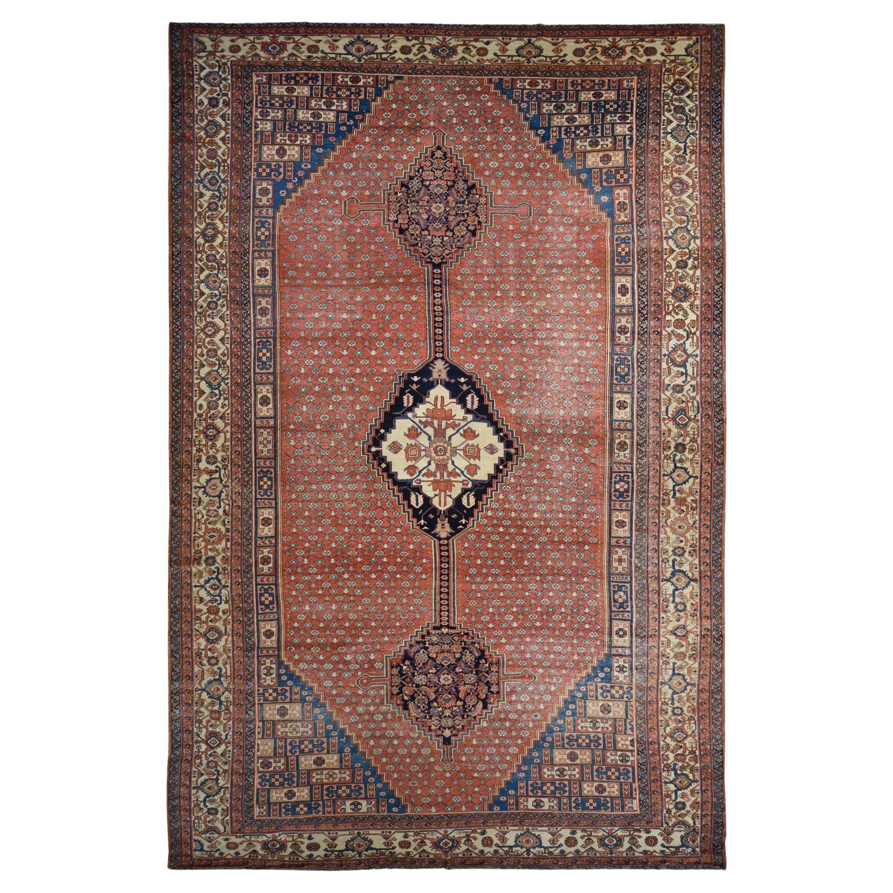12'6"x19'6" Dark Coral Antique Persian Bakshaish Even Wear Wool Hand Knotted Rug