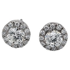 1.27 Carat 14 Karat Round Diamond Stud Earrings with Halo