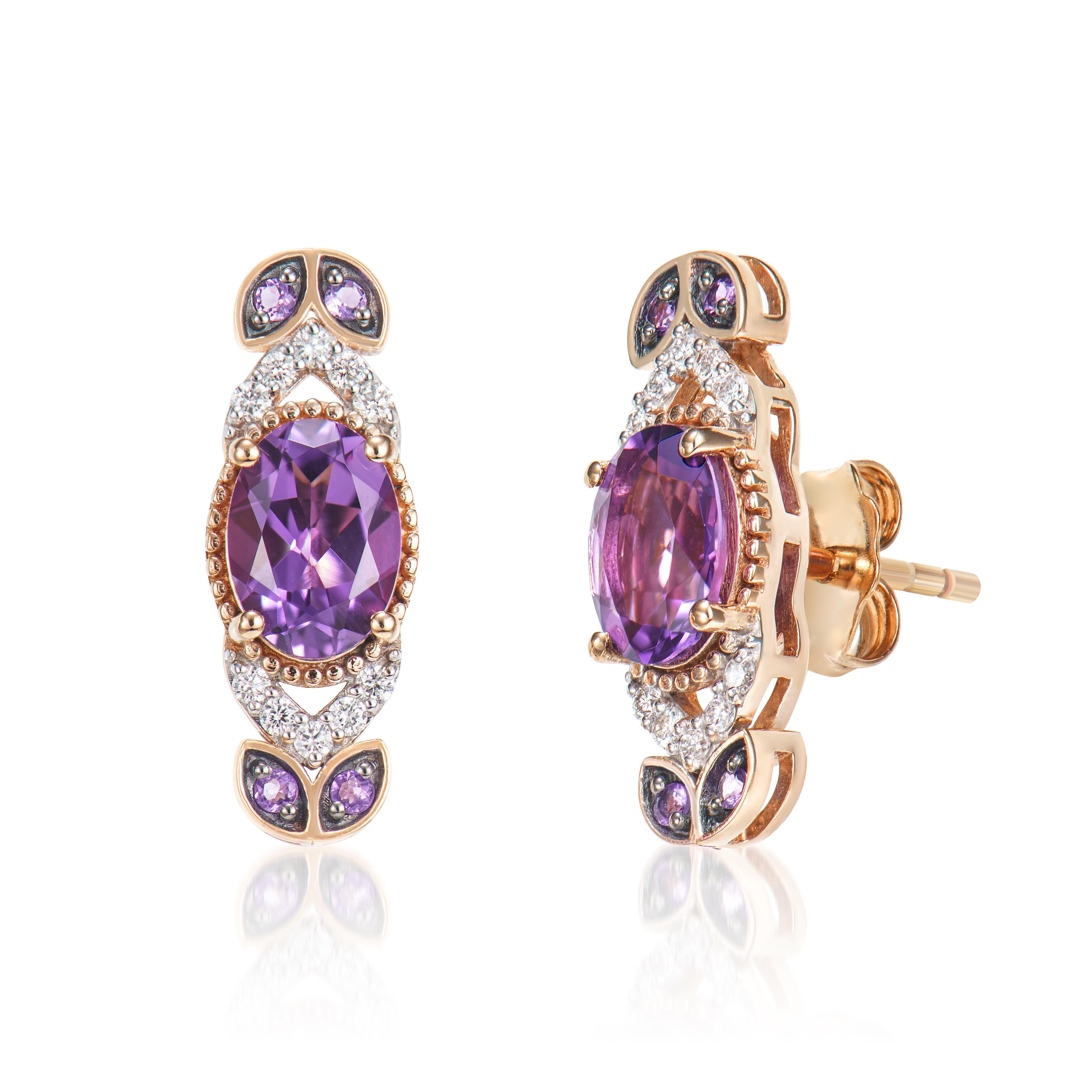 Contemporary 1.27 Carat Amethyst Stud Earrings in 14Karat Rose Gold with White Diamond. For Sale