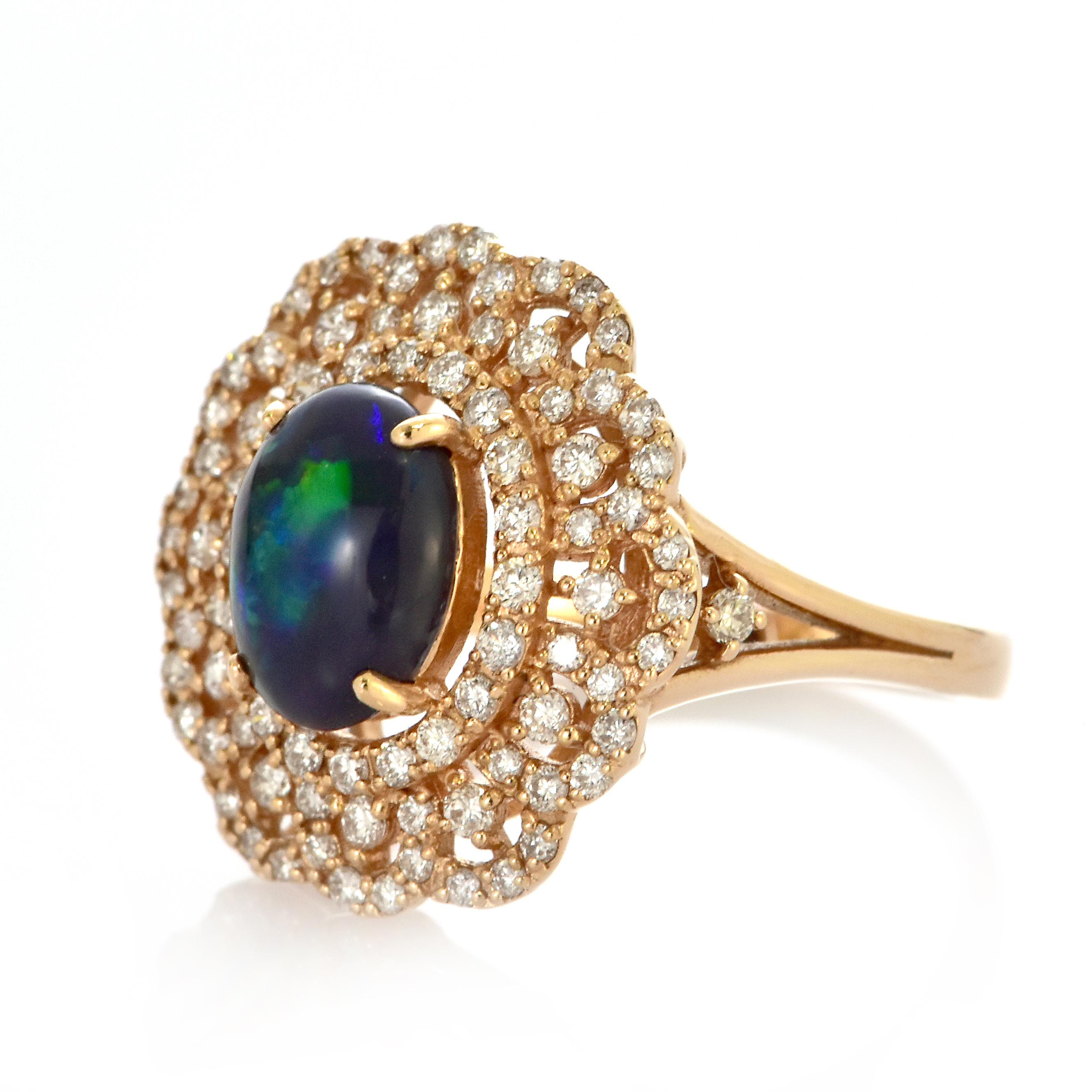 1.27 Carat Australian Lightning Ridge Black Opal Ring Made in 18K Rose Gold For Sale 4