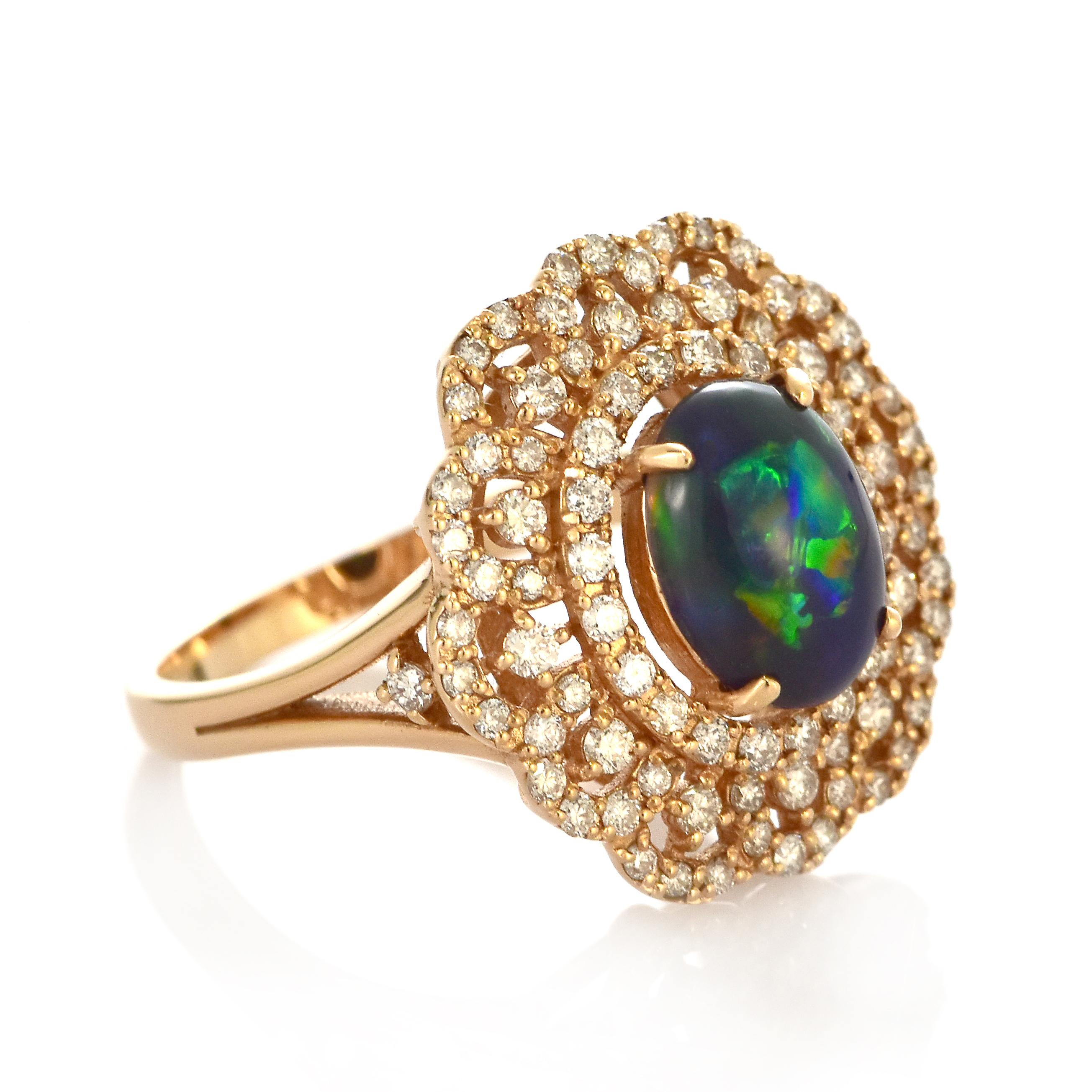 1.27 Carat Australian Lightning Ridge Black Opal Ring Made in 18K Rose Gold For Sale 5