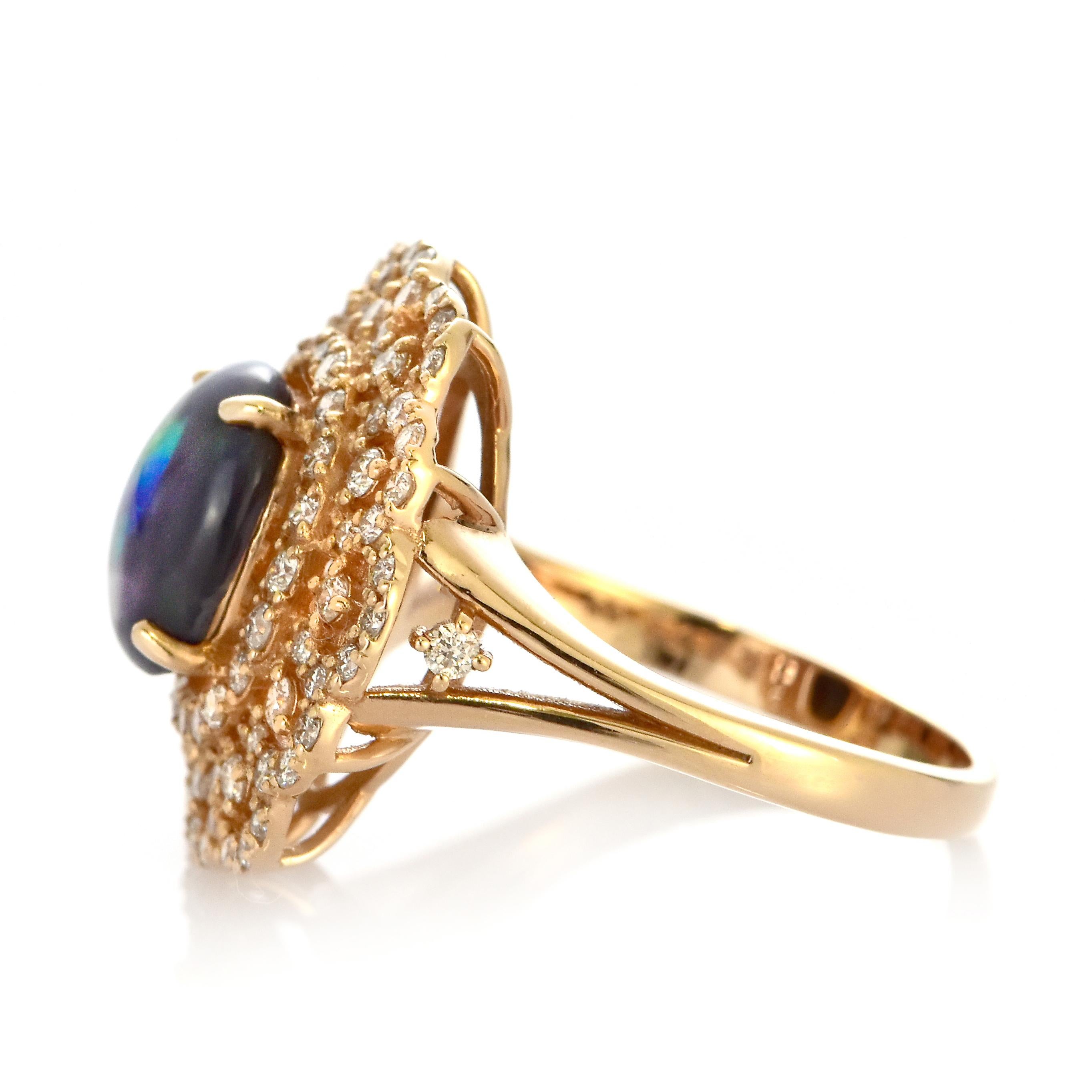 1.27 Carat Australian Lightning Ridge Black Opal Ring Made in 18K Rose Gold For Sale 1