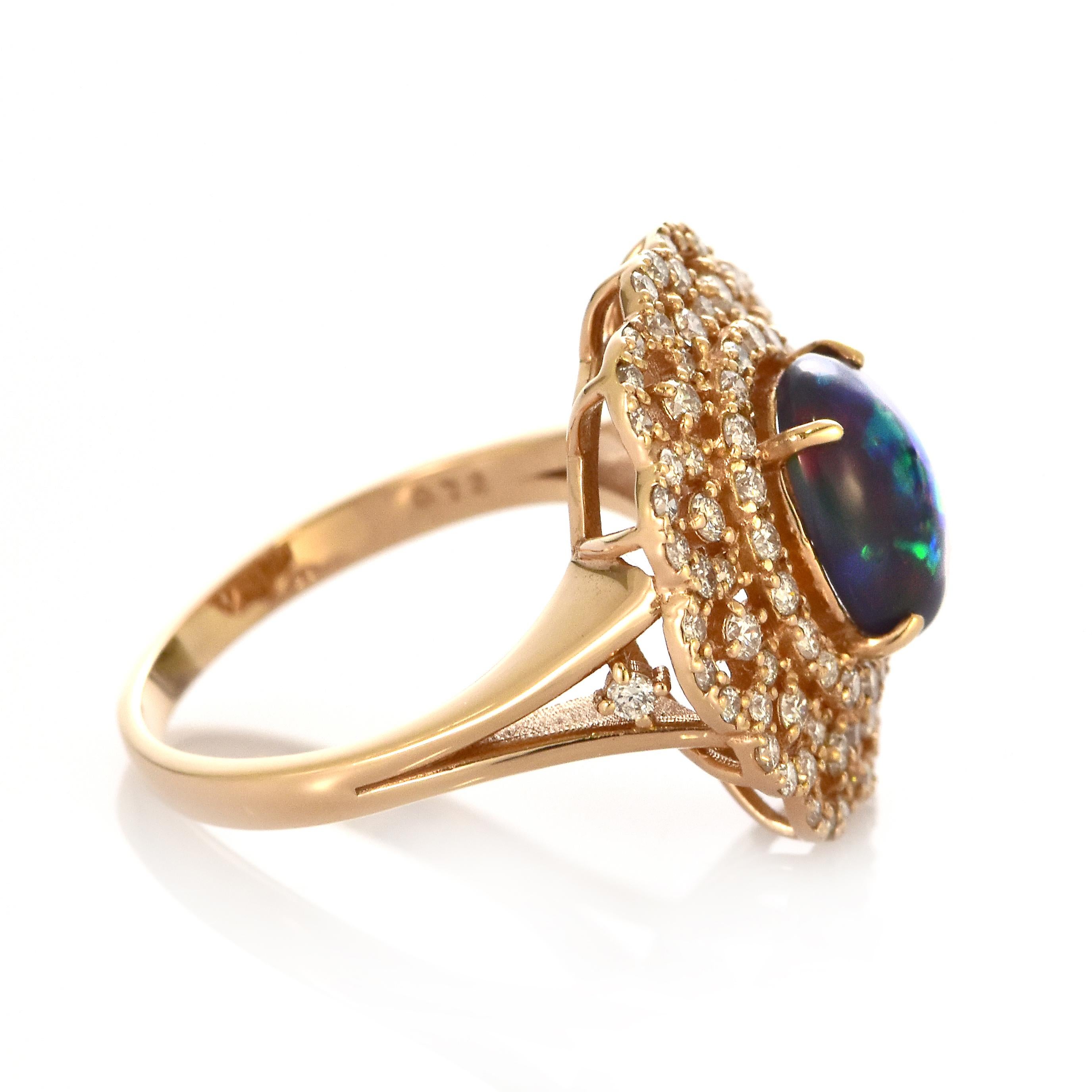 1.27 Carat Australian Lightning Ridge Black Opal Ring Made in 18K Rose Gold For Sale 2